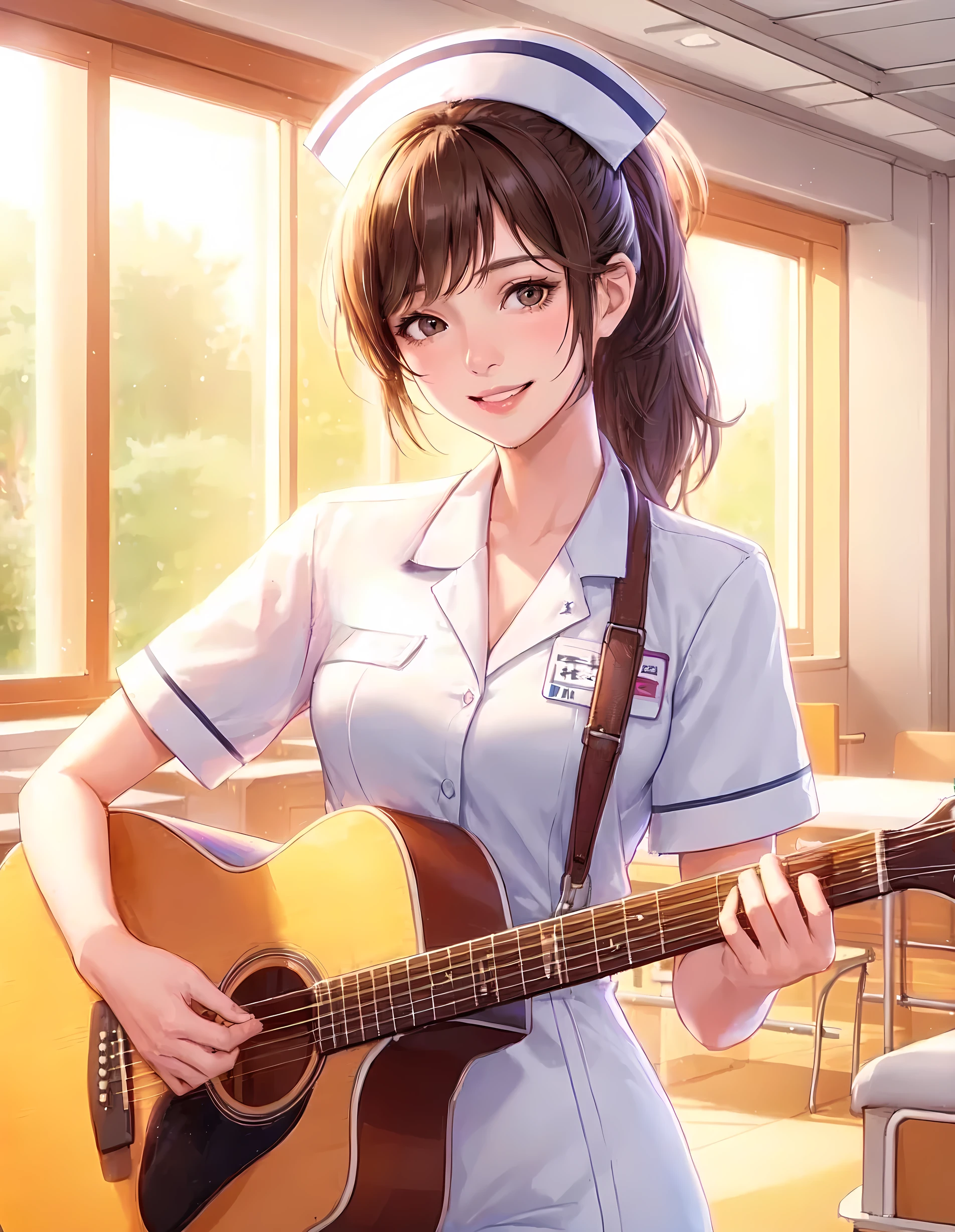 1lady solo, standing, (playing the guitar:1.1), nurse, (nurse uniform) cap, mature female, /(light brown hair/) bangs, ponytail, kind smile, (teeth:0.8), (masterpiece best quality:1.2) delicate illustration ultra-detailed, large breasts BREAK (hospital room) indoors, soft lighting, sunlit, windows, detailed background