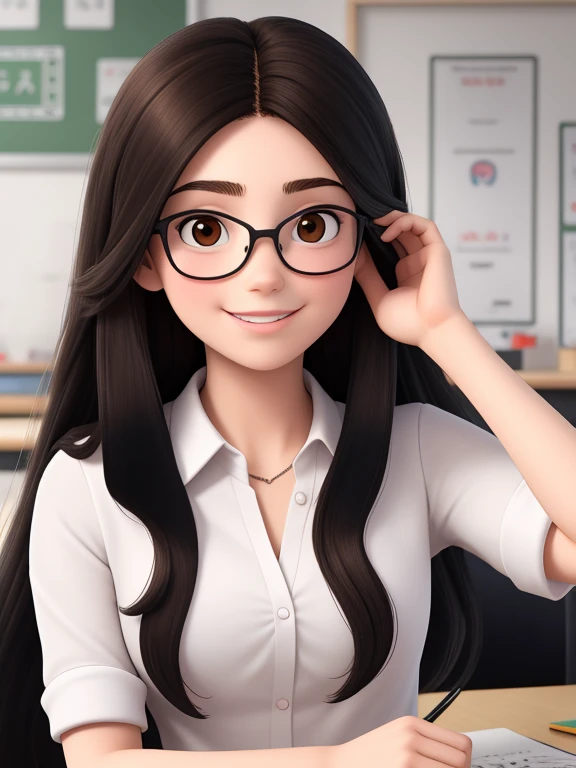 A 28-year-old woman, long black hair, Round Face, Smile, and black eyes, wear glasses.Wearing a white shirt,In the kindergarten。