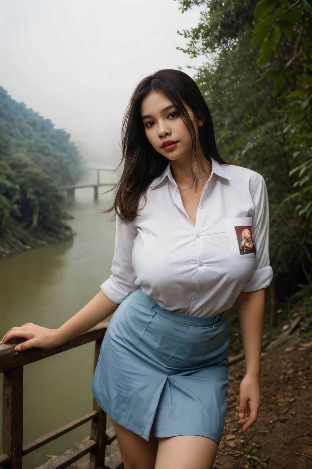 RAW, Best quality, high resolution, masterpiece: 1.3), A young Indonesian girl poses seductively wearing revealing clothes showing big breasts, wearing a short skirt, showing vagina, in a bush, naked, porn, ((At the rock river jungle)), night, fog, hiking clothes, pullover, orgasm, highres, 4k, HDR, 1girl, photorealistic, realistic, big breasts, ((whole body)) turning away facial at viewer, closeup, heavy mountains, misty, fog