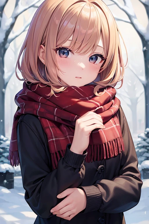 (masterpiece, top quality, best quality, official art, beautiful and aesthetic:1.2), extreme detailed, highest detaile, winter. Short bob strawberry blonde hair, young girl, sweater, scarf, hazel eyes, snow rabbit, cold, very cute, haibara ai, snow