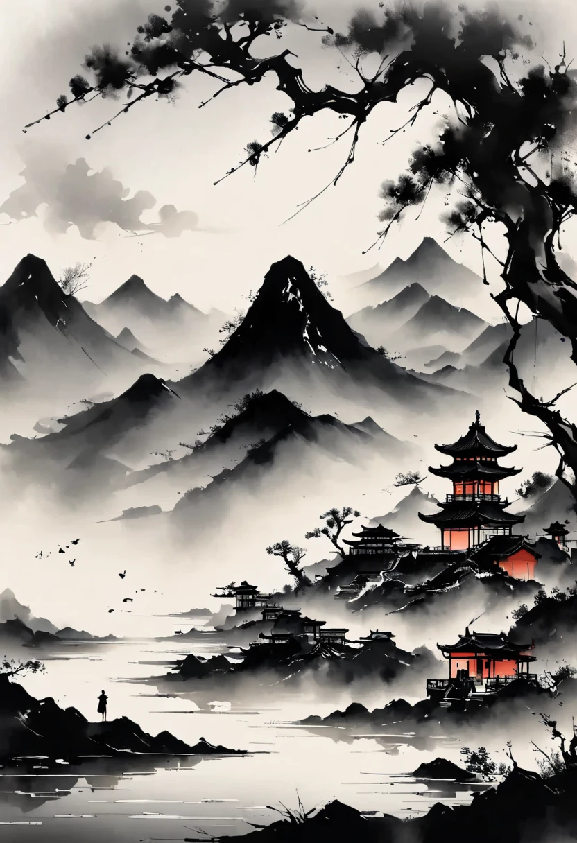 (大量留white:1.5),white, white色背景, simple, Minimalism, abstract,Freehand,Aesthetic,黑与white,Ink Painting,antiquity,Mountain,People in the distance