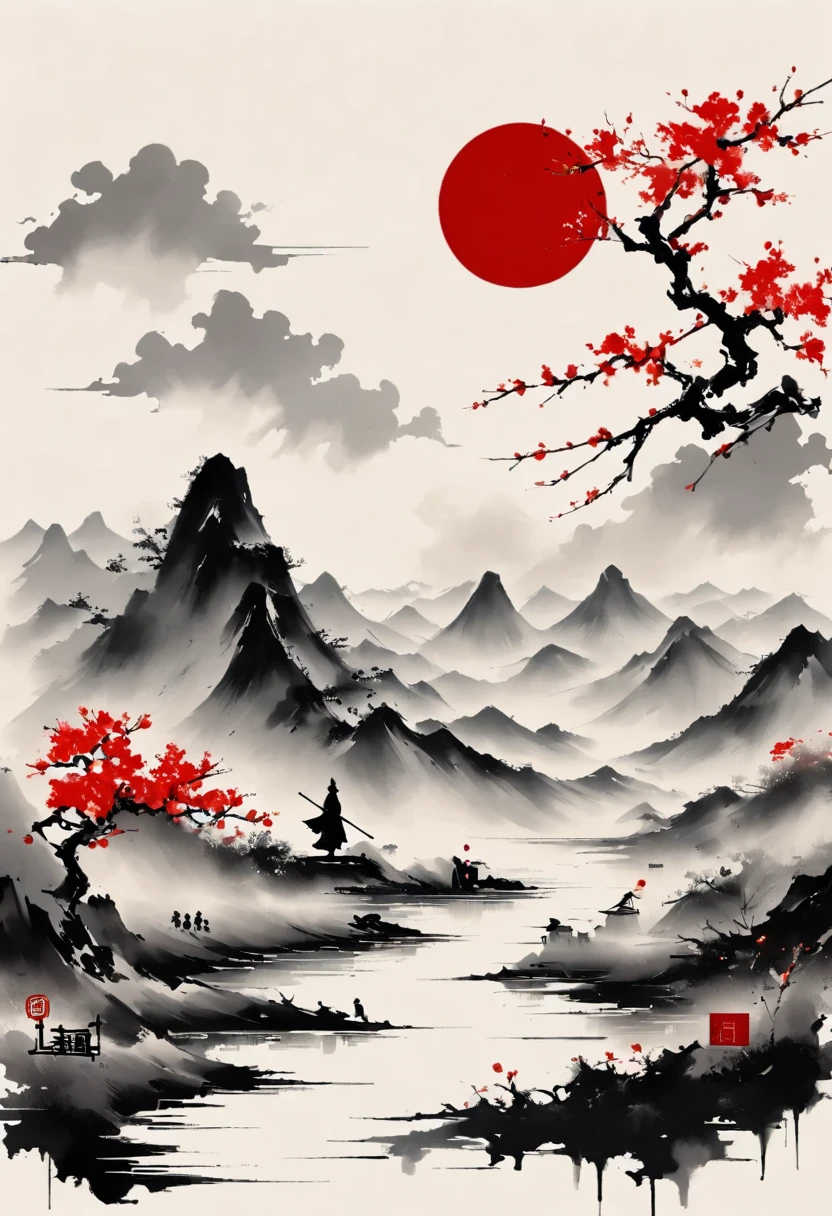 (大量留white:1.5),white, white色背景, simple, Minimalism, abstract,Freehand,Aesthetic,黑与white,Ink Painting,antiquity,Mountain,People in the distance