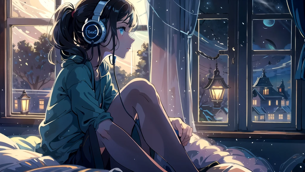Create an illustration of a girl with dark hair and blue eyes, sitting sideways in front of the window of her room, She is wearing headphones and has a sentimental and introspective expression, Moonlight softly shines into the room, gently illuminating the space, Curtains sway in the breeze, enhancing the serene, melancholic atmosphere, Emphasizing the themes of solitude, silence, and the depths of night, the room is dark but slightly illuminated by moonlight