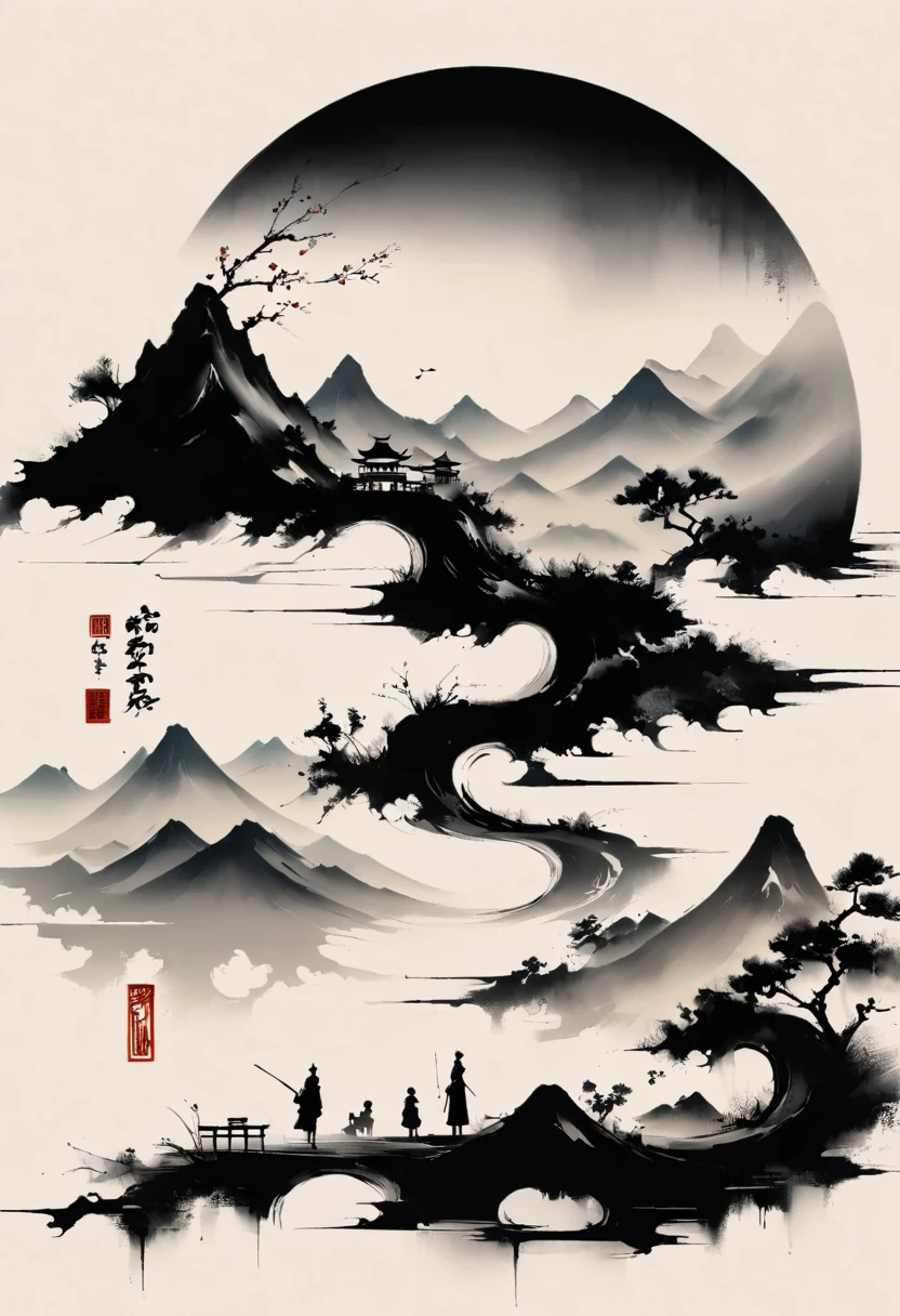 (大量留white:1.5)，white, white色背景, simple, Minimalism, abstract,Freehand，Aesthetic，黑与white，Ink Painting，antiquity，Mountain，People in the distance