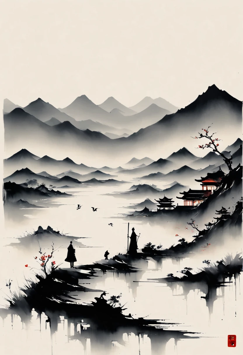 (大量留white:1.5),white, white色背景, simple, Minimalism, abstract,Freehand,Aesthetic,黑与white,Ink Painting,antiquity,Mountain,People in the distance