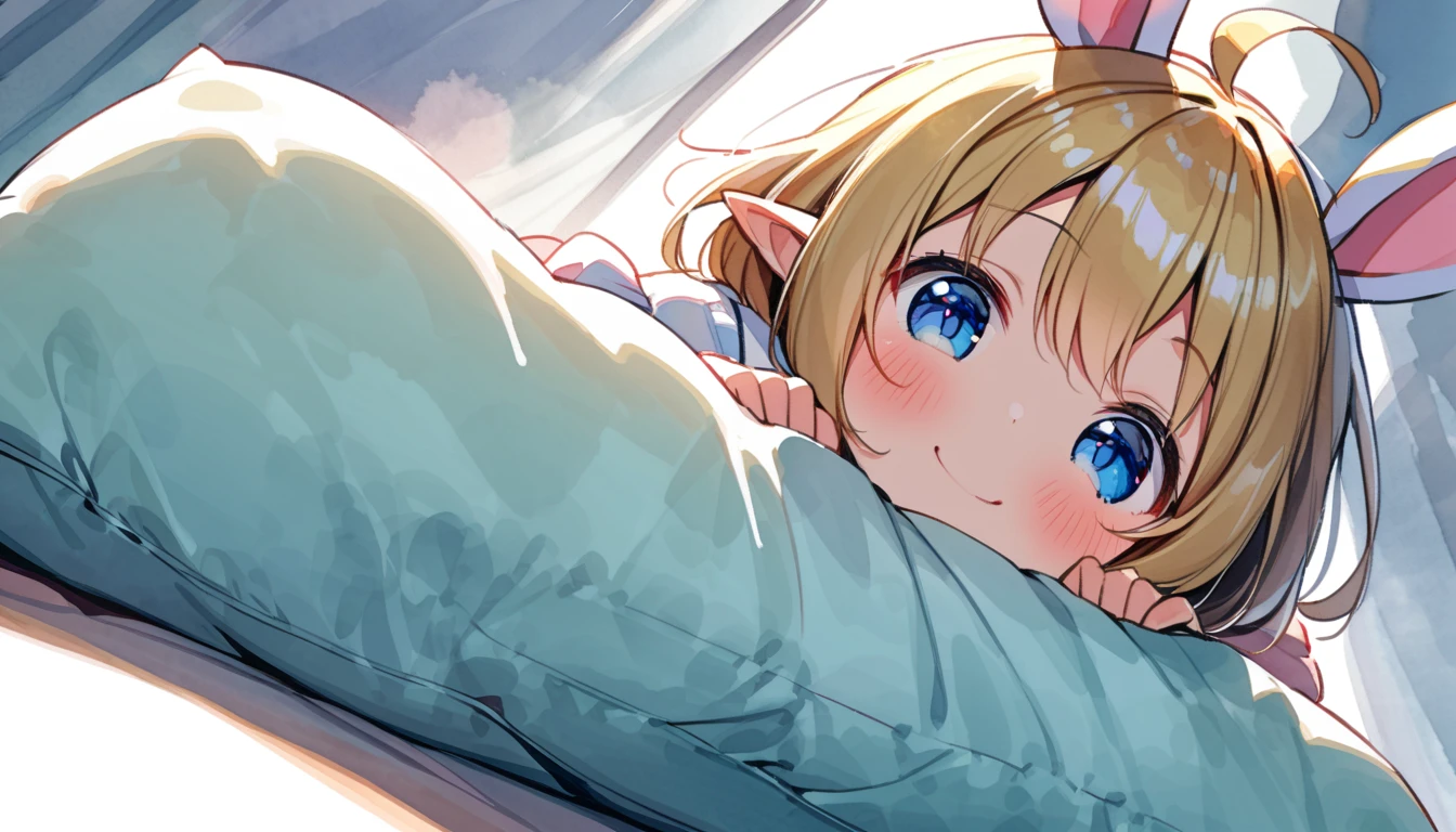 ((watercolor:1.4)), (), solo, (loli face),tite), glossy blonde hair, ahoge, happy smile, glasses, short hair, ((rabbit ears)), elf, blush, blue eyes, beautiful detailed eyes, lying on the bed, on stomach, ((buried in a pillow)), ((big pillow)), ((from below)), (half eyes)