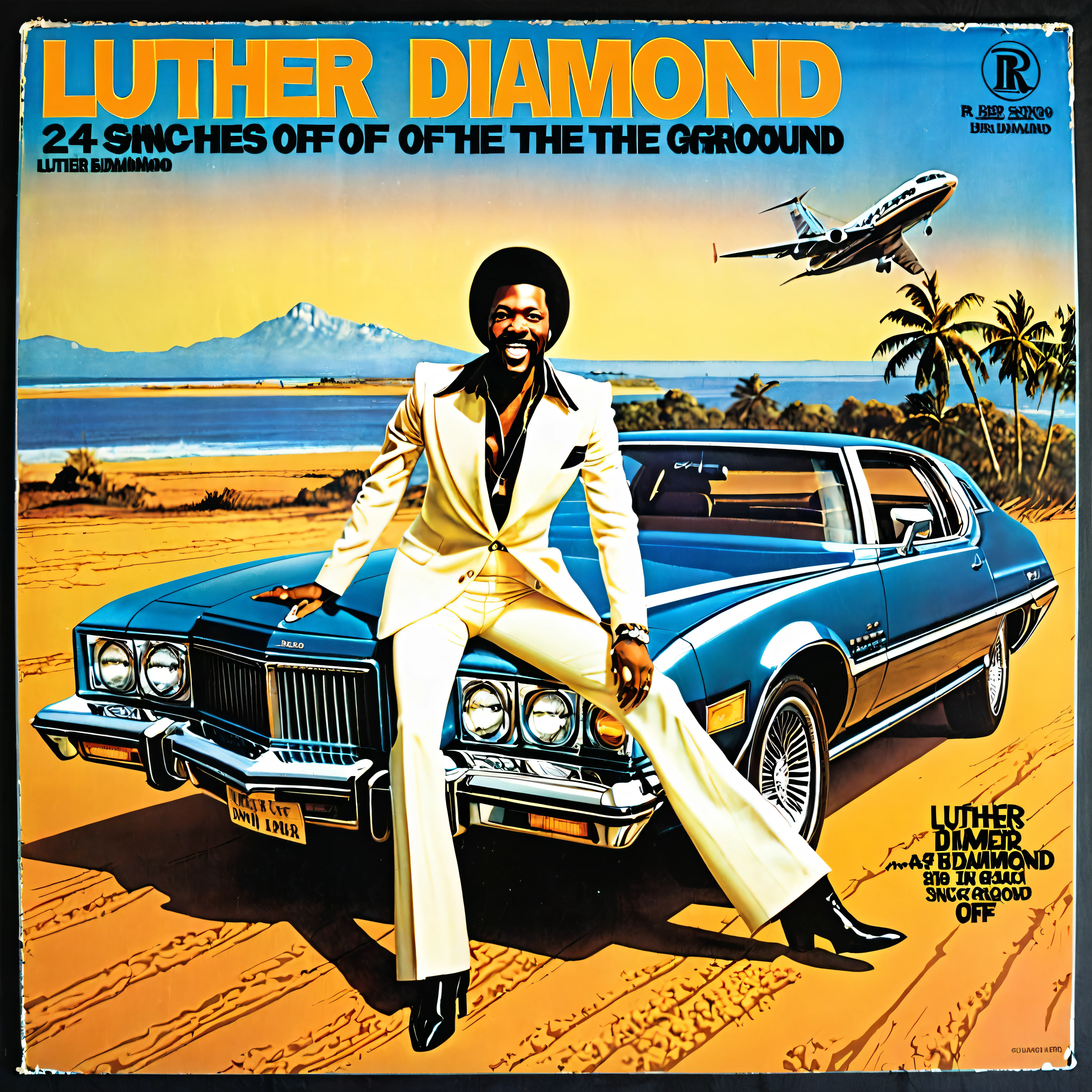 1970s vinyl album cover for a song called "24 Inches Off The Ground" by r&b singer "Luther Diamond", luxury cars