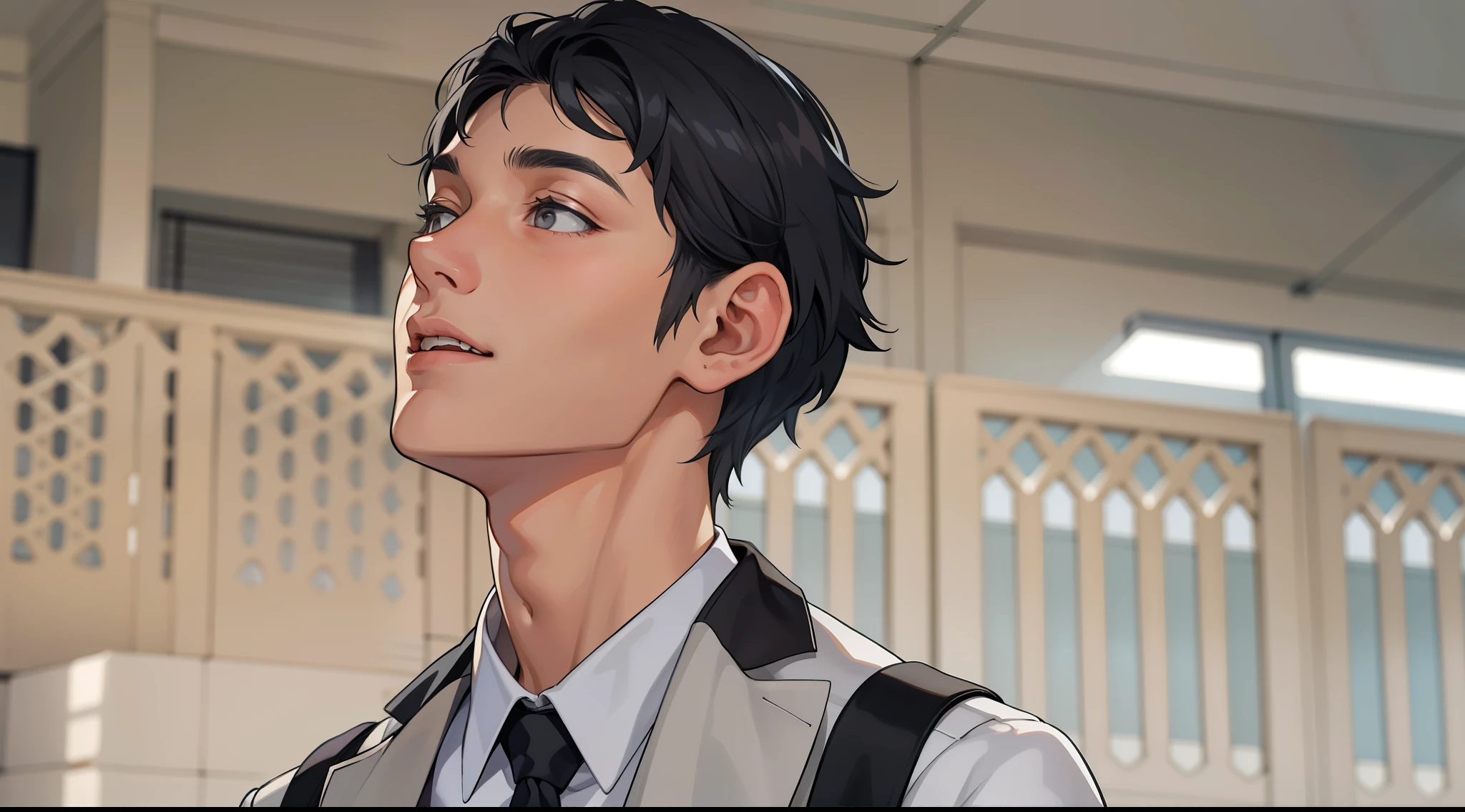 There are two boys with gray hair and gray eyes, they are surprised, they are at school, they are 18 years old.