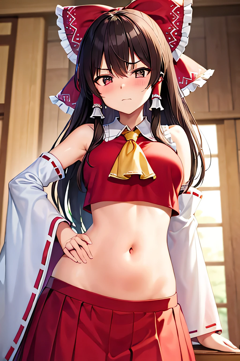 super fine illustration, vibrant colors, masterpiece, sharp focus, best quality, depth of field, cinematic lighting, ultra detailed, blush, annoyed, belly button, navel, midriff, hips, shrine maiden, hakurei reimu, 1girl, hair bow, ascot, hair tubes, detached sleeves, looking down, red shirt, red skirt, long skirt, long hair, dark brown hair, indoors, mature woman, medium breasts