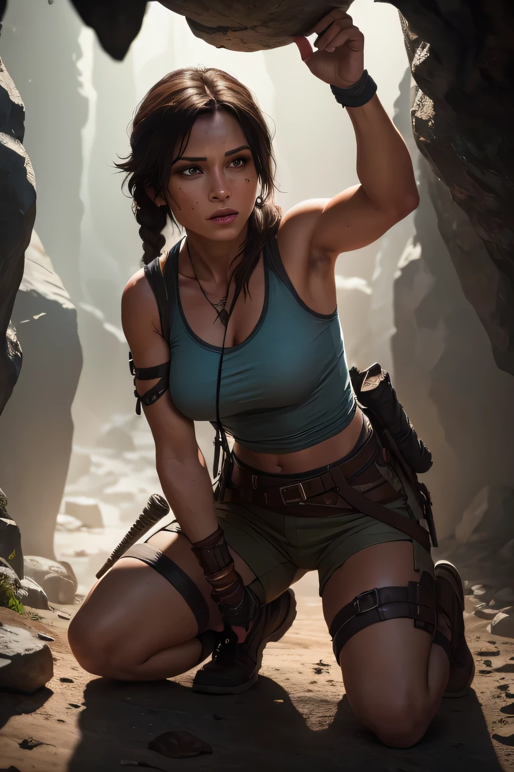 Create a realistic image of Lara Croft discovering an ancient artifact while standing on the top of a view point in an underground cave. Lara is wearing her classic Tomb Raider outfit: a light blue tank top, cargo shorts, sturdy boots. She is illuminated by the light from her torch, which casts flickering shadows on the cave walls. The cave is filled with intricate carvings, ancient symbols, and stalactites hanging from the ceiling. Lara is kneeling or bending down, carefully retrieving the artifact from a pedestal or hidden compartment. The artifact is a detailed, mysterious object from one of the Tomb Raider games, such as the Scion from the original game or the Dagger of Xian from Tomb Raider II. perfect face, ultra detailed face, perfect brown eyes, beautiful face, perfect anatomy. Additional Details: Background: Underground cave with intricate carvings, ancient symbols, stalactites, and shadows cast by the torchlight. Artifact: Detailed, mysterious object from one of the Tomb Raider games (e.g., Scion, Dagger of Xian). Lighting: Flickering torchlight illuminating the scene, creating dramatic shadows and a sense of mystery. (8k, RAW photo, best quality, masterpiece:1.2),ultra-detailed, (high detailed skin:1.2), 8k uhd, dslr, soft lighting, high quality