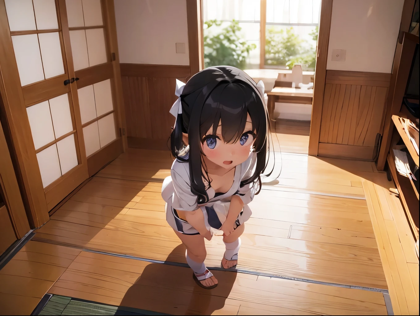 4 sisters、White shirt dress、おっぱいが密着したWhite shirt dress、Cute underwear that shows off a rolled up dress、Japanese-style room、White underwear with cute ribbon、Standing posture、Four eel bowls on the table