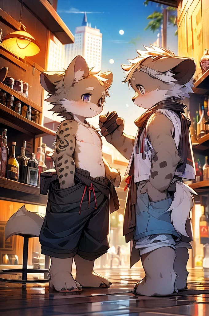 Hyena Boy,Gray fur,Topless, mammal, hairy,Gray Eyes,bar,goggles,moon tattoo,Cover your crotch with your hands,Bartender,Star decoration,Transparent swimming trunks quality