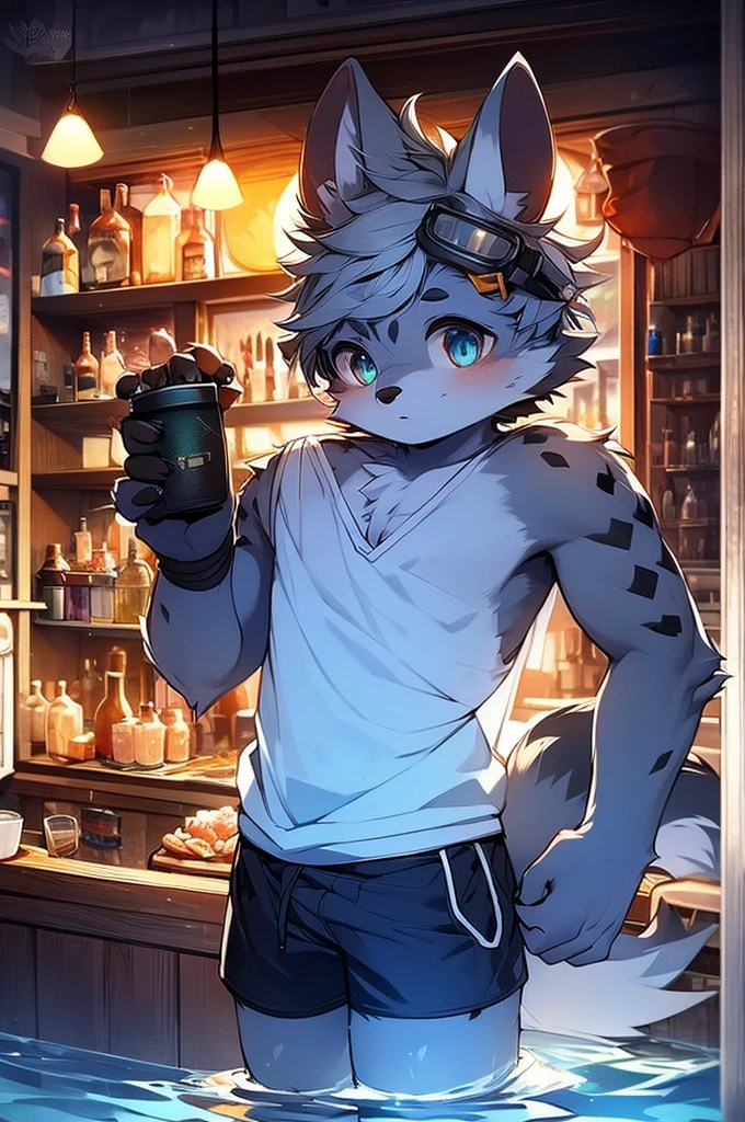 Hyena Boy,Gray fur,Topless, mammal, hairy,Gray Eyes,bar,goggles,moon tattoo,Cover your crotch with your hands,Bartender,Star decoration,Transparent swimming trunks quality