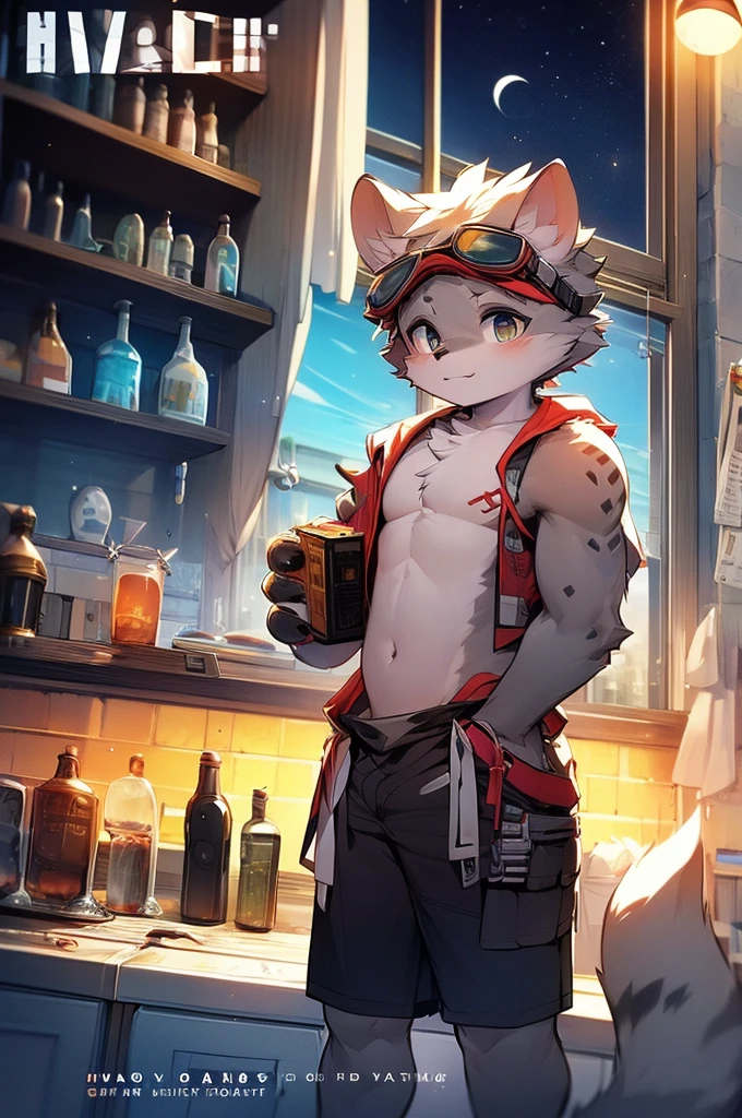 Hyena Boy,Gray fur,Topless, mammal, hairy,Gray Eyes,bar,goggles,moon tattoo,Cover your crotch with your hands,Bartender,Star decoration,Transparent swimming trunks quality