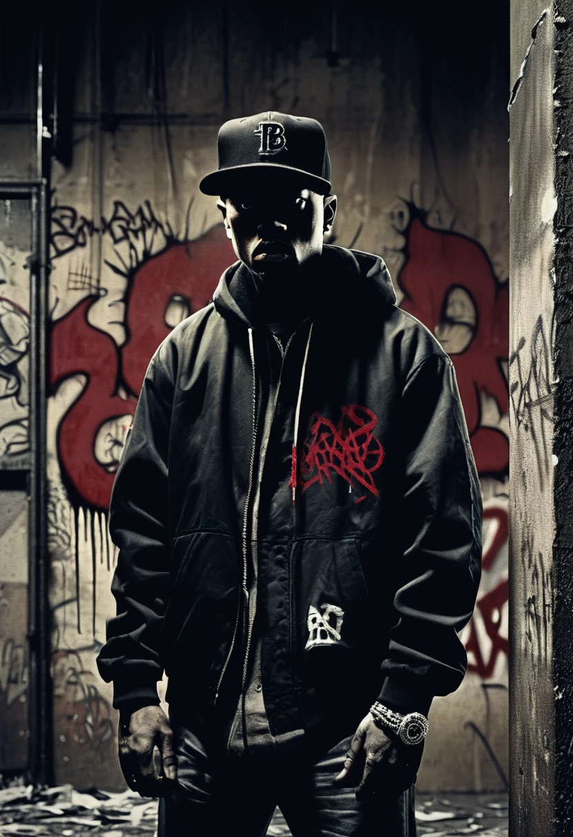 (gangsta rap old school rap 1990) graffiti on the walls, abandoned warehouse, grainy, sepia, creepy environment, dark red tint. creepypasta - a rapper in a baseball cap, a creepy look from the shadows. style by charlie bowett, albert joseph penaud, dariusz zawadzki. tetsuya ishida. zdzislaw beksinski. patrizia piccinini. mark powell. sven 37.