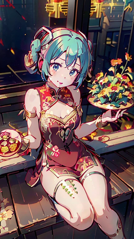 (((Masterpiece))),(((Super Detail))),(((in 8K))),(((best composition))),(((Rim lighting,Fireglow effect,deep shadow))),solo,(Hatsune Miku:1.6),beautiful detailed eyes,double bun with glittering hair ornament,(super detailed glossy skin:1.3),slender body,tits,goddess smile,((mouth open)),beautiful posture,cheongsam dress,(Red with gold thread embroidery,super delicate floral pattern:1.7),seductive cleavage,beautiful glossy legs,shiny red high heels,lifting dishes with food,chinese restaurant,hustle and bustle,rising steam,(((depth of fields)))