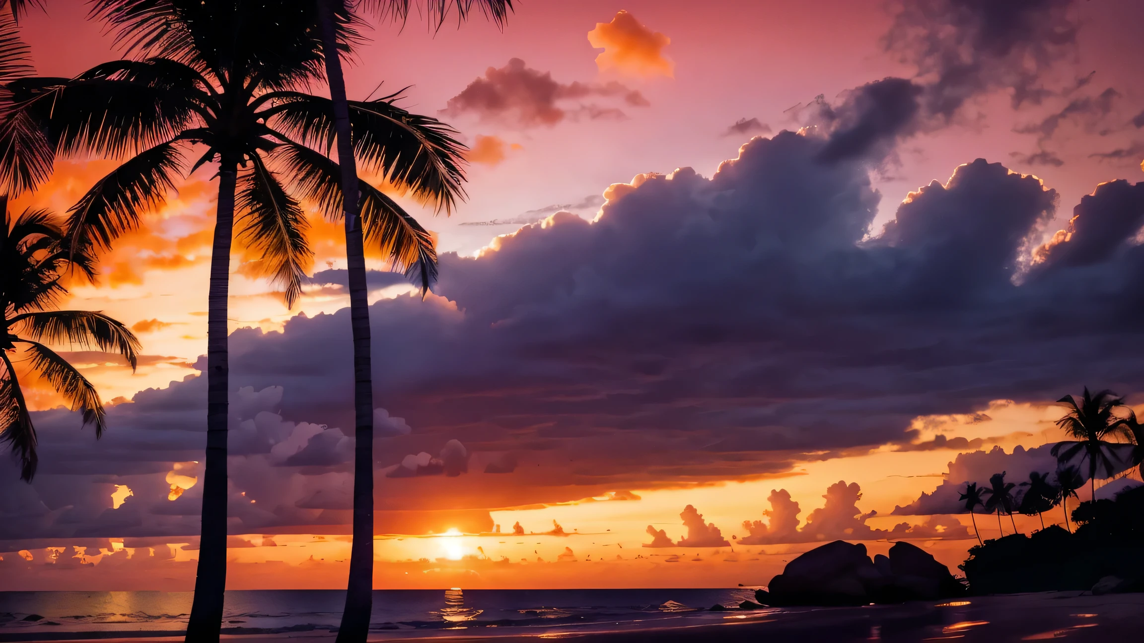 a strikingly vibrant sunset scene by the ocean. The sky is dominated by intense shades of pink and magenta, creating a surreal and dramatic backdrop. The sun, partially set, appears as a bright orange semicircle near the horizon, casting a warm glow across the scene. Silhouetted against this colorful sky are several tall, slender palm trees. These trees, with their long, narrow trunks and clustered fronds at the top, are positioned along a narrow strip of land that separates the ocean from a body of still water in the foreground.
The water in the foreground is perfectly calm, acting as a mirror that reflects the vivid colors of the sky and the dark silhouettes of the palm trees. This reflection creates a symmetrical and visually captivating effect, enhancing the sense of tranquility and beauty in the scene.
Overall, the image captures the essence of a tropical paradise at sunset, with the dramatic color palette and serene composition evoking a sense of calm and wonder.