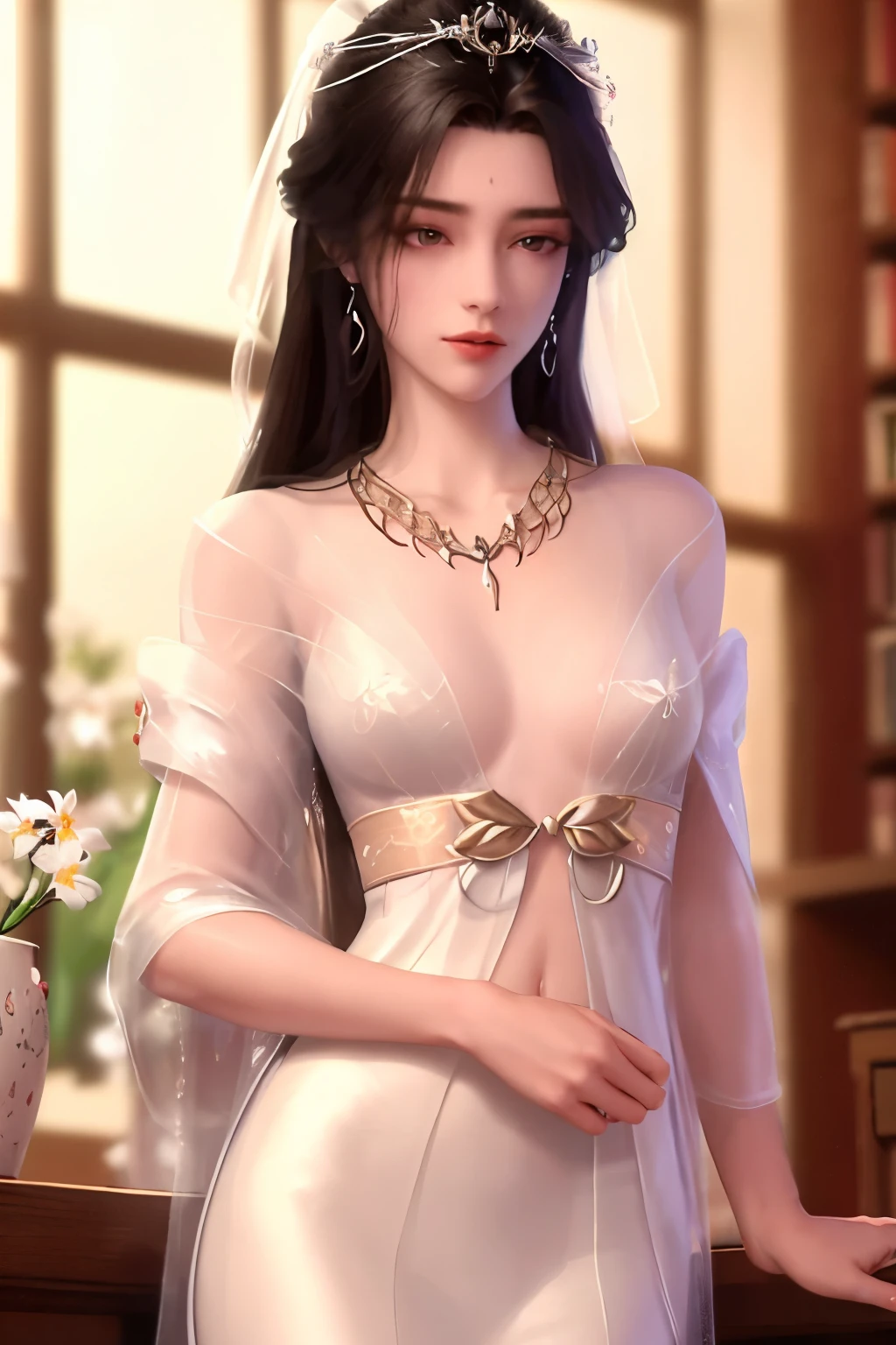 Best quality、tmasterpiece、A high resolution、1 flat-chested girl、White porcelain soft satin dress、white dresses,long white robe,Delicate hair accessories、Fine Necklace、detailed jewellery、pretty face、Physically、Flat and thin body,smallunderboob,Tyndall effect、realisticlying、Surrounded by white flowers、White flowers,edge lit、Surrounded by white flowers、bicolor lighting、(highdetailskin:1.2)、8K, Ultra HD、Digital SLR、softlighting、high high quality、volumettic light、sneak shot、photore、A high resolution、4K、8K、The background is blurred out,