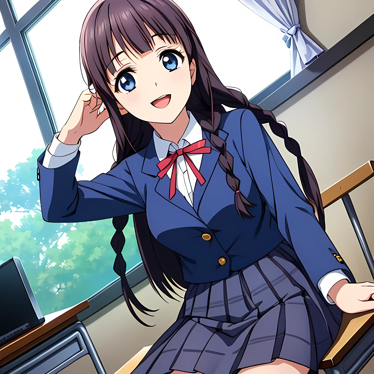 (highest quality, masterpiece:1.2), highest quality, High resolution, 1080p, 8K, Height: 158cm, Anime-style CG, ((The game heroine, a very noble, elegant and pure aristocratic young lady, is sitting on a chair in a school classroom with her hands on the desk.、Looking up at the viewer next to him with a smile)), A face that everyone loves, Glossy lips, Even bangs, Double, Long eyelashes on both the top and bottom, Smiling blue eyes, The very large red shiny wide ribbon bowtie is very cute., ((Black Hair)), ((long twin braids)), (((A long, neat, checkered pleated skirt with dark navy blue checks.))), (((Dark blue winter long sleeve blazer))), How to wear a neat uniform, Smiling, slightly open mouth like a game heroine, Ribbon in hair, Tight waist, The ribbon is big and very pretty., A close-up side shot of the girl sitting next to me, from the chest up