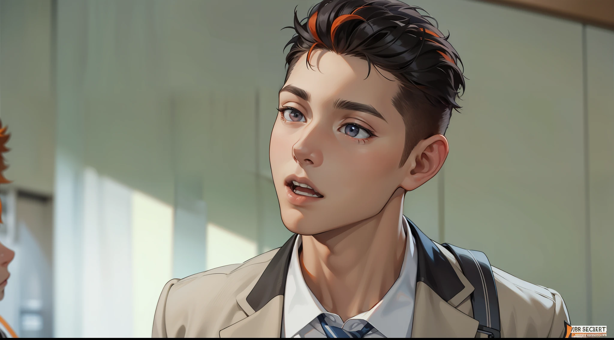 There are two boys with orange hair and gray eyes. They are surprised. They are at school. They are 18 years old.