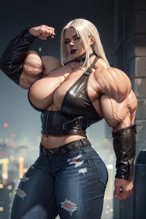 (((((Massive, beautiful, buff, light brown skinned muscular woman with white hair, black lipstick, ginormous bulky muscles and wearing a black cropped leather jacket with tight denim jeans))))), (close view), massive muscles, hyper muscles, long straight hair, (((black corset))), (black corset), blue eyes, choker, (((cropped leather jacket))), (cropped leather jacket), black boots, (in the Darkened city), closed smile, night, ginormous muscles