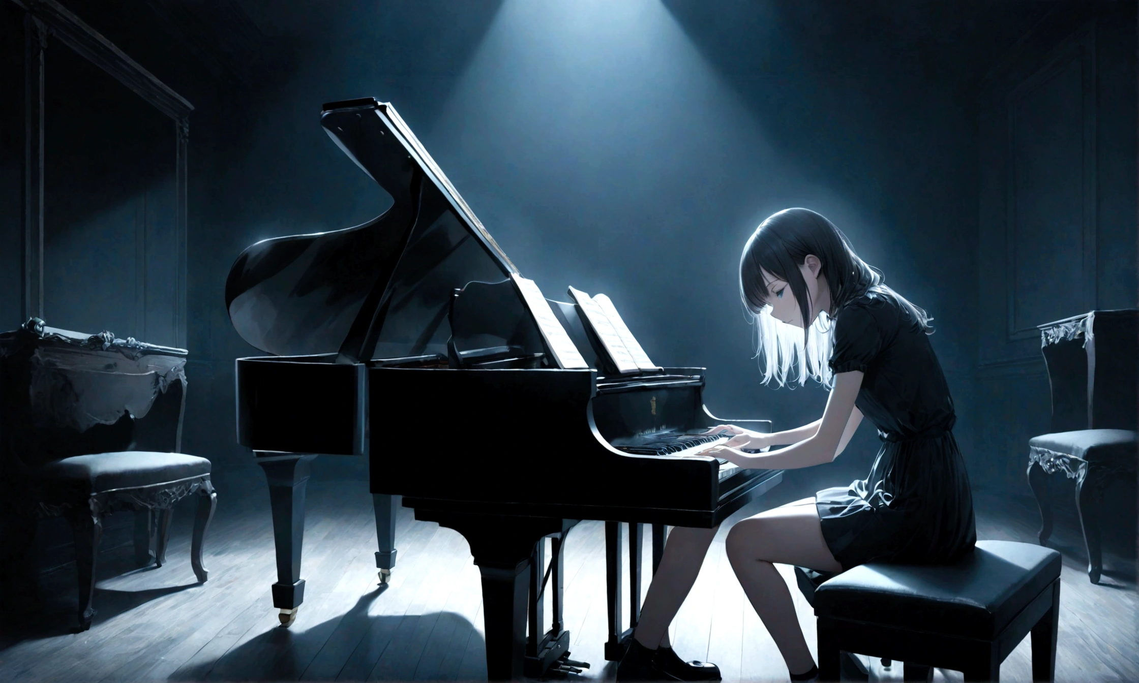 Create an anime-style image of a girl playing a piano in a dark-themed room. The image should be in ultra-high resolution with HD quality.