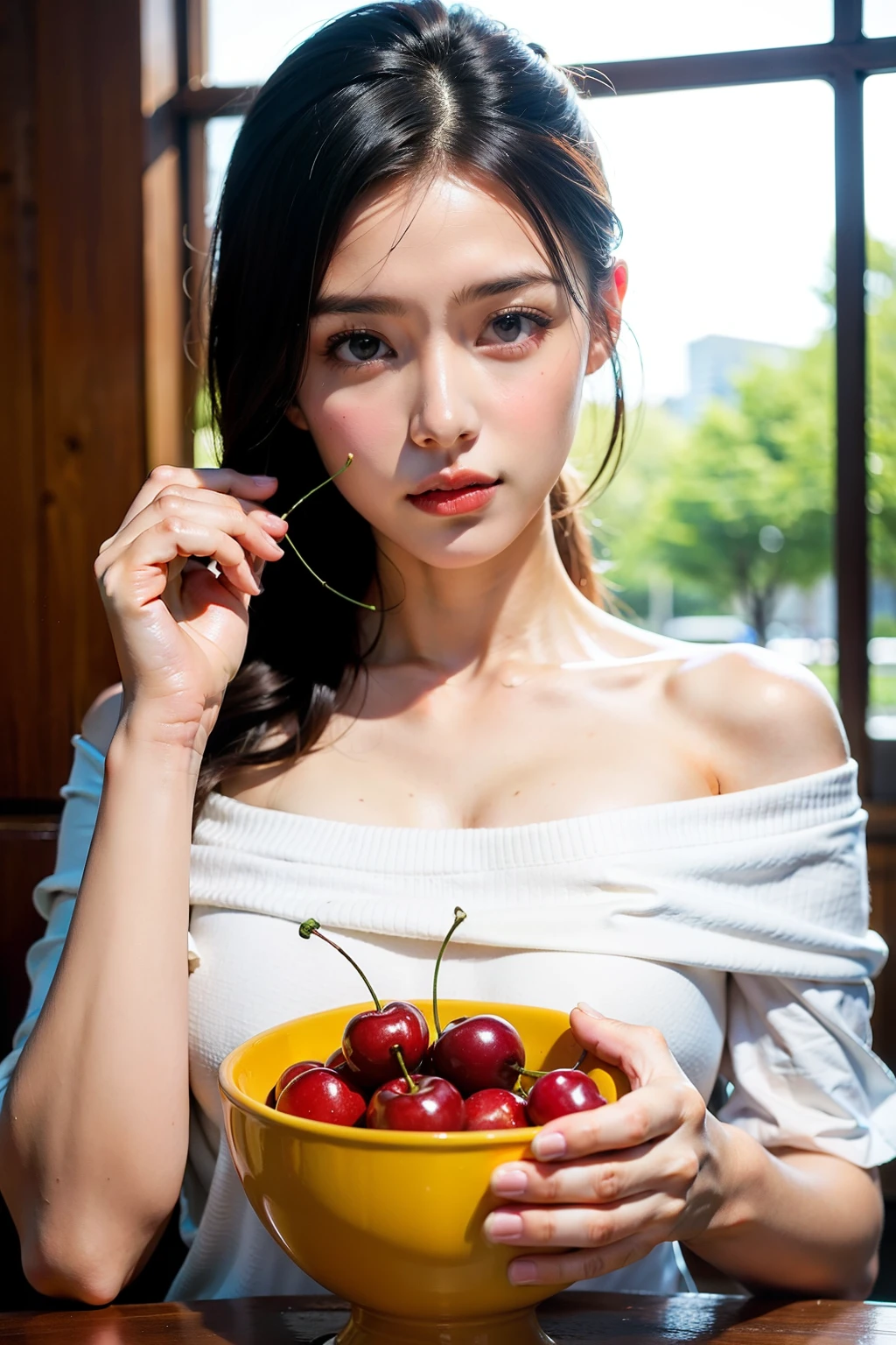 ((best quality)), ((masterpiece)), (detailed), 1 woman, off shoulder t-shirt, Beautiful woman eating cherries, Bowl, 