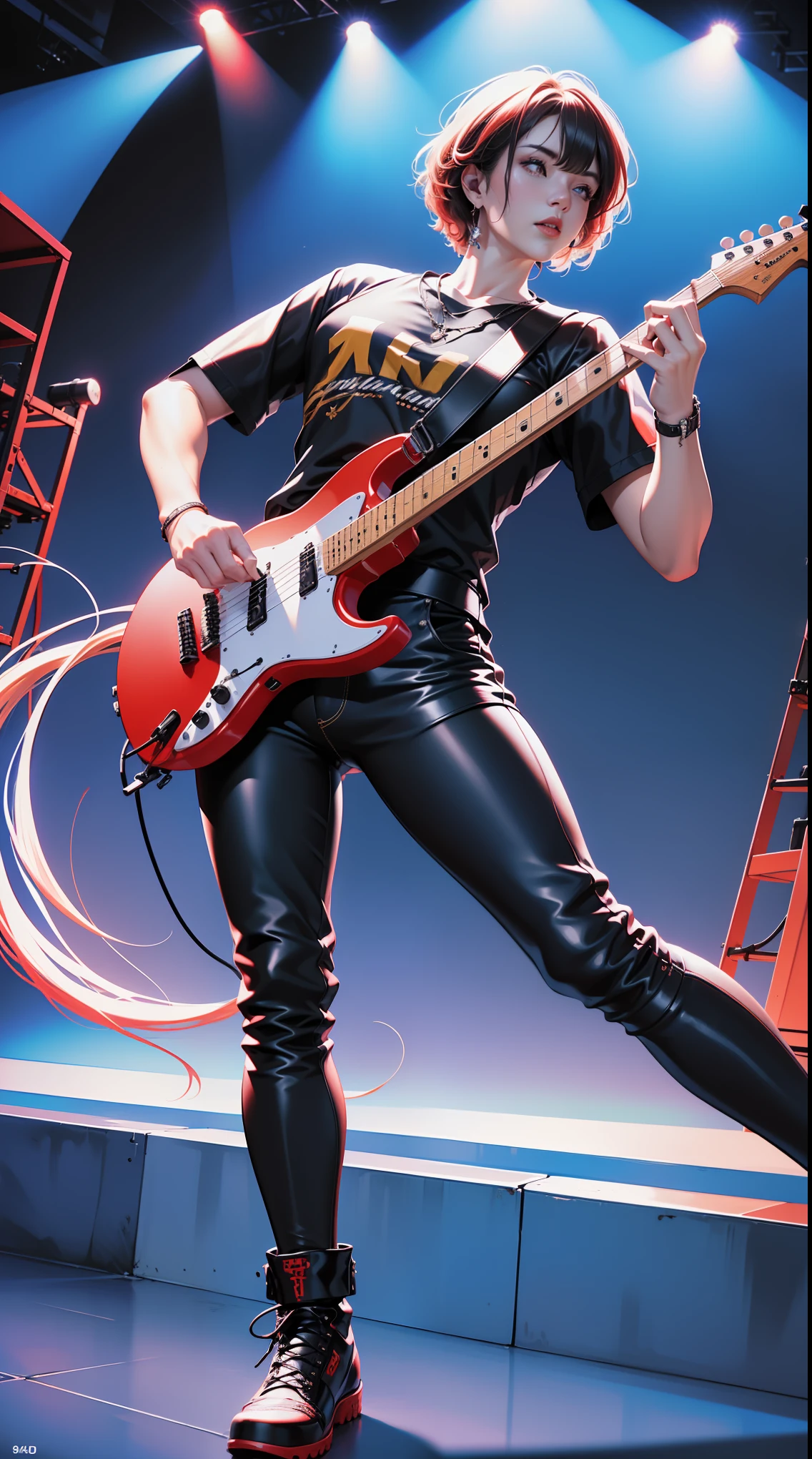 A guitarist rocking out on stage,rock music,power of music,stage lights,enthusiastic audience,heavy metal guitar,live performance,(best quality,4k,8k,highres,masterpiece:1.2),ultra-detailed,(realistic,photorealistic,photo-realistic:1.37),HDR,UHD,studio lighting,extreme detail description,professional,vivid colors