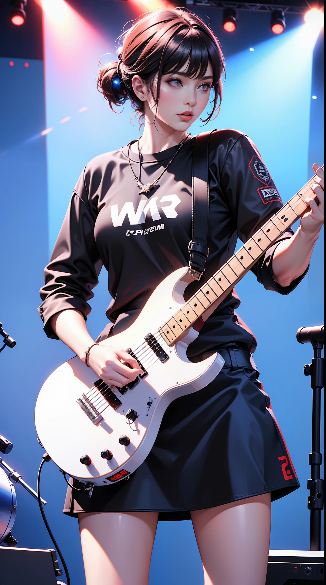 A guitarist rocking out on stage,rock music,power of music,stage lights,enthusiastic audience,heavy metal guitar,live performance,(best quality,4k,8k,highres,masterpiece:1.2),ultra-detailed,(realistic,photorealistic,photo-realistic:1.37),HDR,UHD,studio lighting,extreme detail description,professional,vivid colors