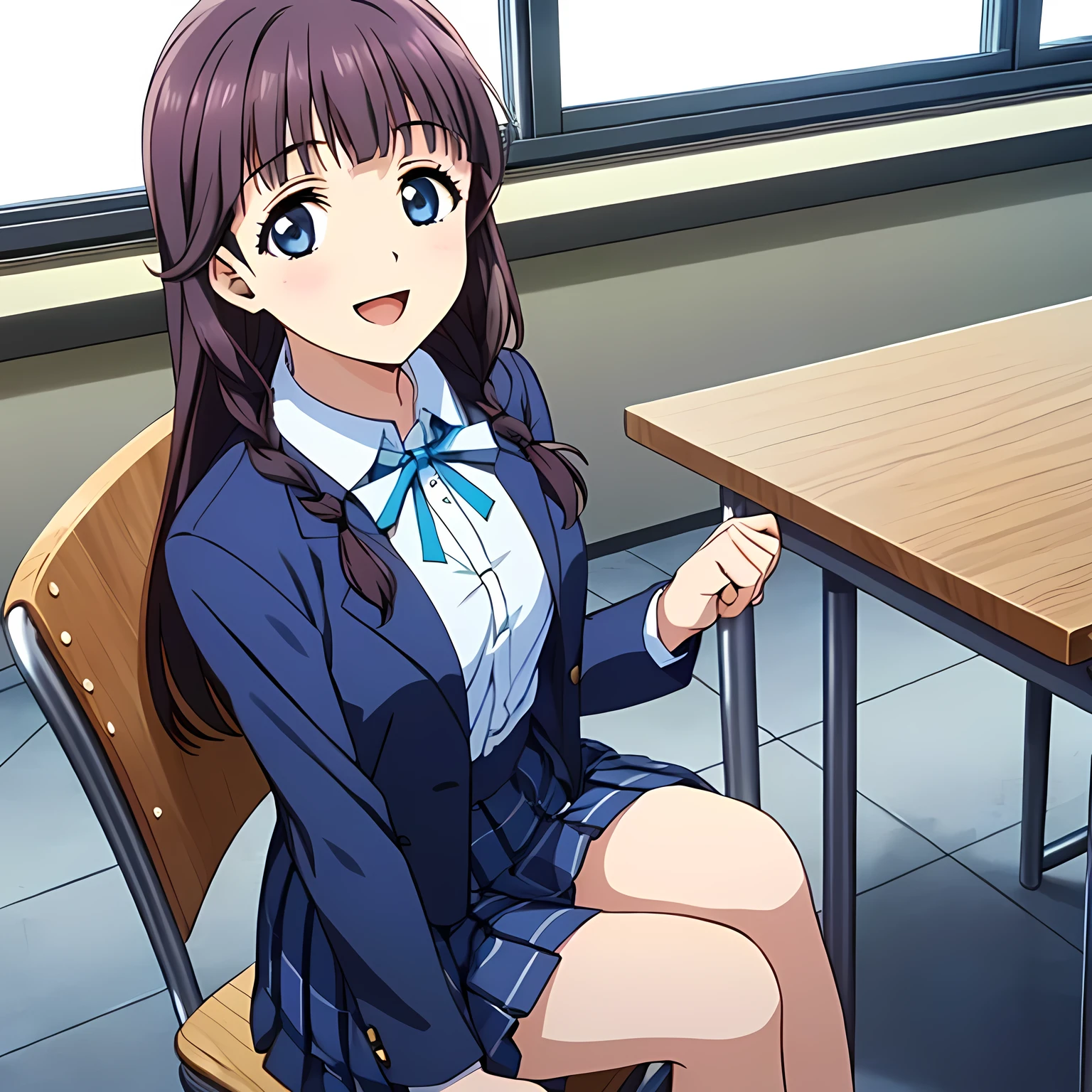 (highest quality, masterpiece:1.2), highest quality, High resolution, 1080p, 8K, Height: 158cm, Anime-style CG, ((The game heroine, a very noble, elegant and pure aristocratic young lady, is sitting on a chair in a school classroom with her hands on the desk.、Looking up at the viewer next to him with a smile)), A face that everyone loves, Glossy lips, Even bangs, Double, Long eyelashes on both the top and bottom, Smiling blue eyes, The very large red shiny wide ribbon bowtie is very cute., ((Black Hair)), ((long twin braids)), (((A long, neat, checkered pleated skirt with dark navy blue checks.))), (((Dark blue winter long sleeve blazer))), How to wear a neat uniform, Smiling, slightly open mouth like a game heroine, Ribbon in hair, Tight waist, The ribbon is big and very pretty., ((Taking a photo of the girl sitting next to me))