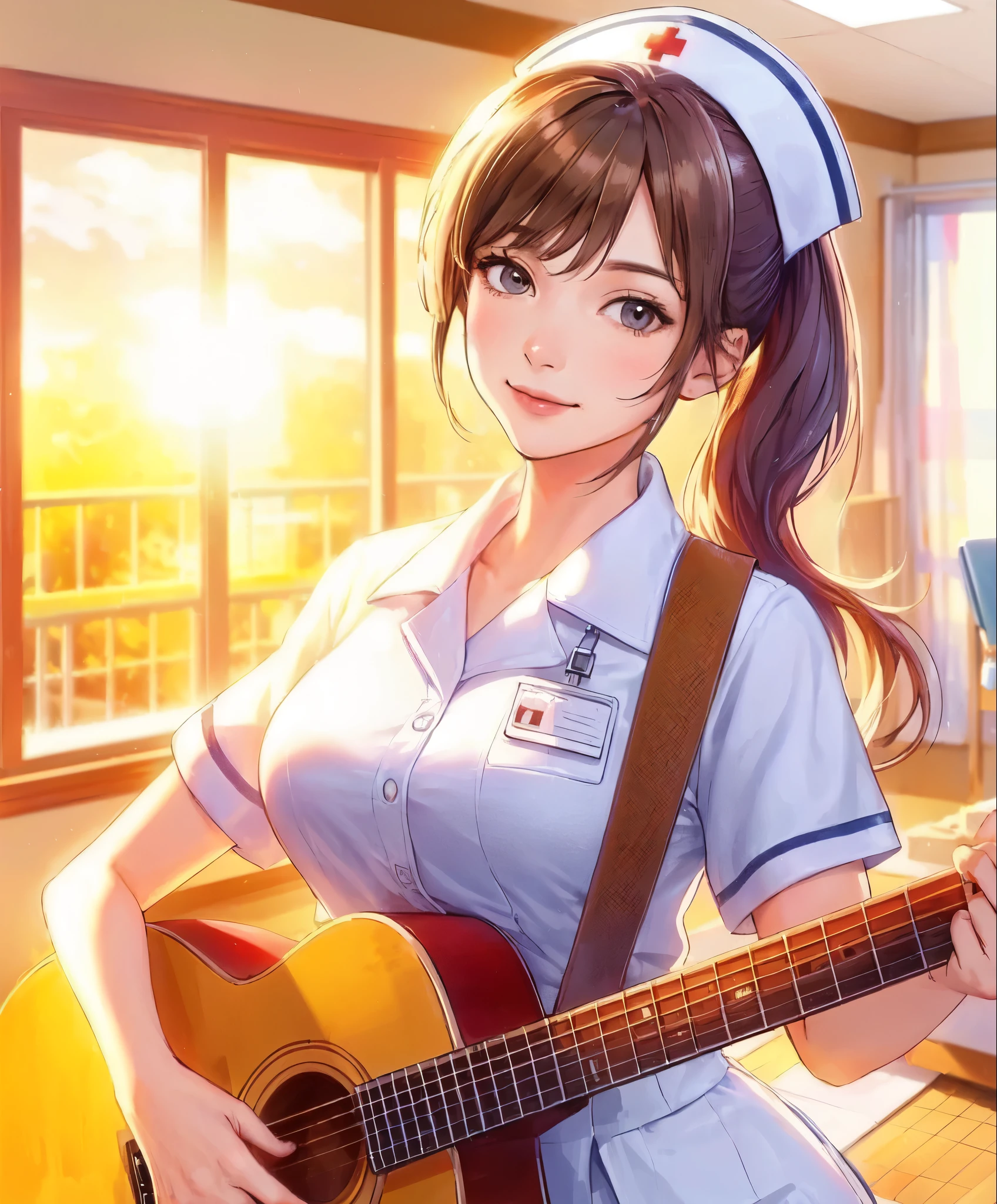 1lady solo, standing, (playing the guitar:1.1), nurse, (nurse uniform) cap, female, /(light brown hair/) bangs, ponytail, kind smile, (masterpiece best quality:1.2) delicate illustration ultra-detailed, large breast (hospital room) indoors, soft lighting, sunlit, windows, detailed background