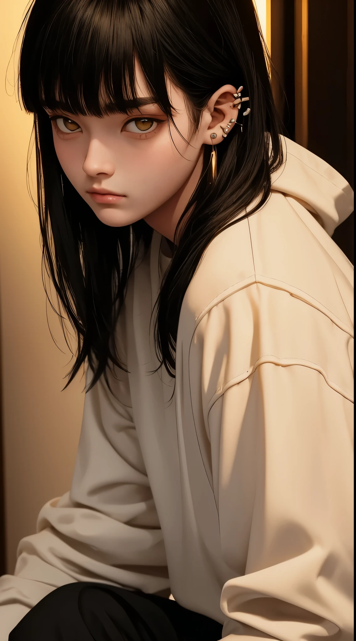 1 boy, handsome delicate boy, 18 years old, fair skin, long black hair with bangs, yellow eyes, soft and plump lips, long eyelashes, delicate and cute appearance, soft and smooth skin, ear and lip piercings, subtle makeup, oversized white shirt, cargo pants, white sneakers, looking at camera, highly detailed, 8k, photorealistic, cinematic lighting, beautiful portrait