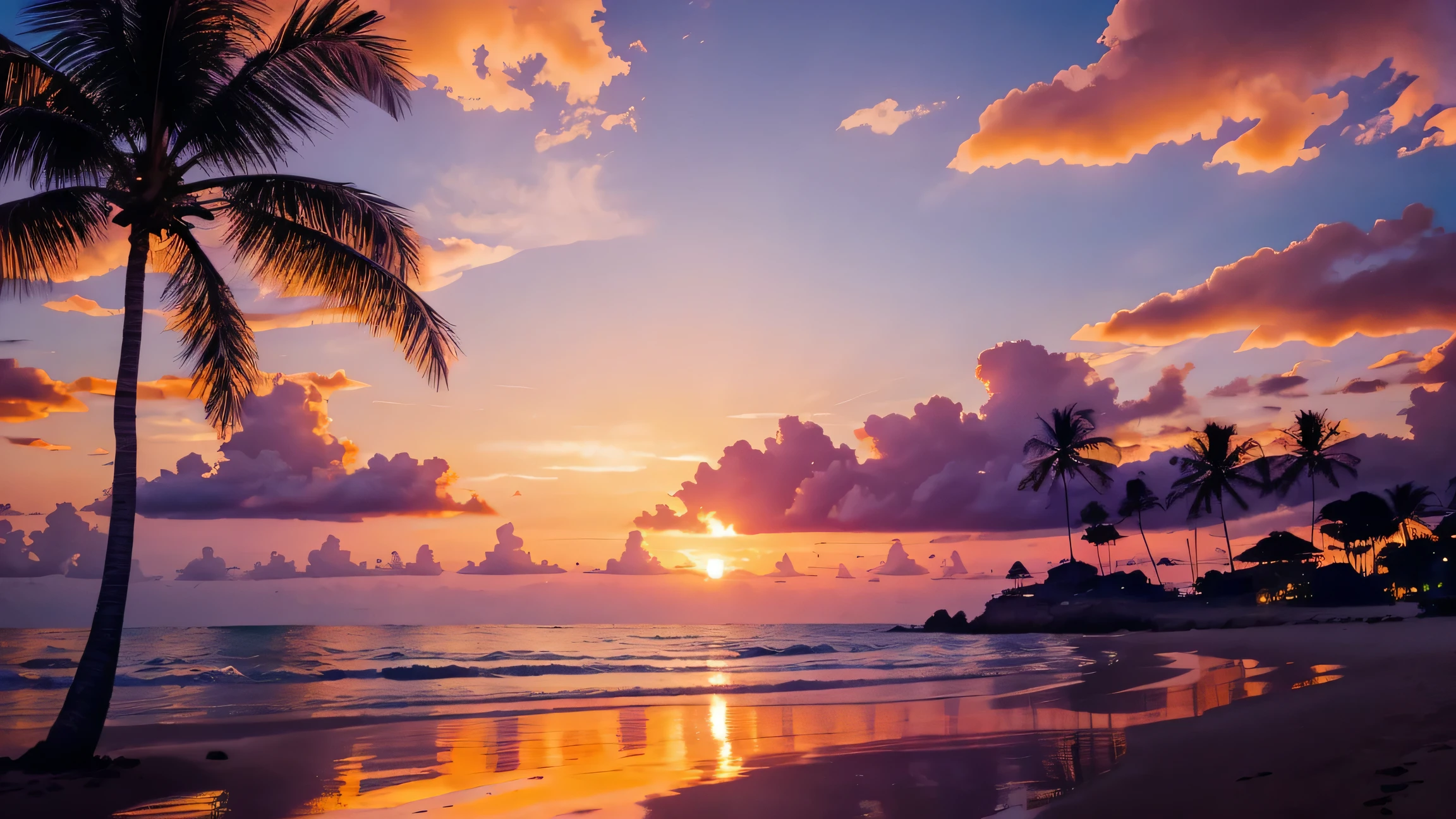 a strikingly vibrant sunset scene by the ocean. The sky is dominated by intense shades of pink and magenta, creating a surreal and dramatic backdrop. The sun, partially set, appears as a bright orange semicircle near the horizon, casting a warm glow across the scene. Silhouetted against this colorful sky are several tall, slender palm trees. These trees, with their long, narrow trunks and clustered fronds at the top, are positioned along a narrow strip of land that separates the ocean from a body of still water in the foreground.
The water in the foreground is perfectly calm, acting as a mirror that reflects the vivid colors of the sky and the dark silhouettes of the palm trees. This reflection creates a symmetrical and visually captivating effect, enhancing the sense of tranquility and beauty in the scene.
Overall, the image captures the essence of a tropical paradise at sunset, with the dramatic color palette and serene composition evoking a sense of calm and wonder.