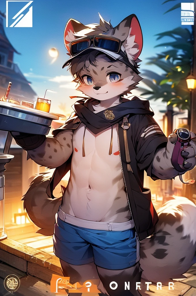 Hyena Boy,Gray fur,Topless, mammal, hairy,Gray Eyes,bar,goggles,moon tattoo,Cover your crotch with your hands,Bartender,Star decoration,Transparent swimming trunks quality