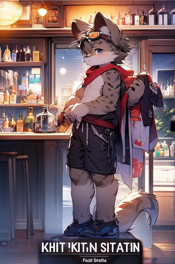Hyena Boy,Gray fur,Topless, mammal, hairy,Gray Eyes,bar,goggles,moon tattoo,Cover your crotch with your hands,Bartender,Star decoration,Transparent swimming trunks quality