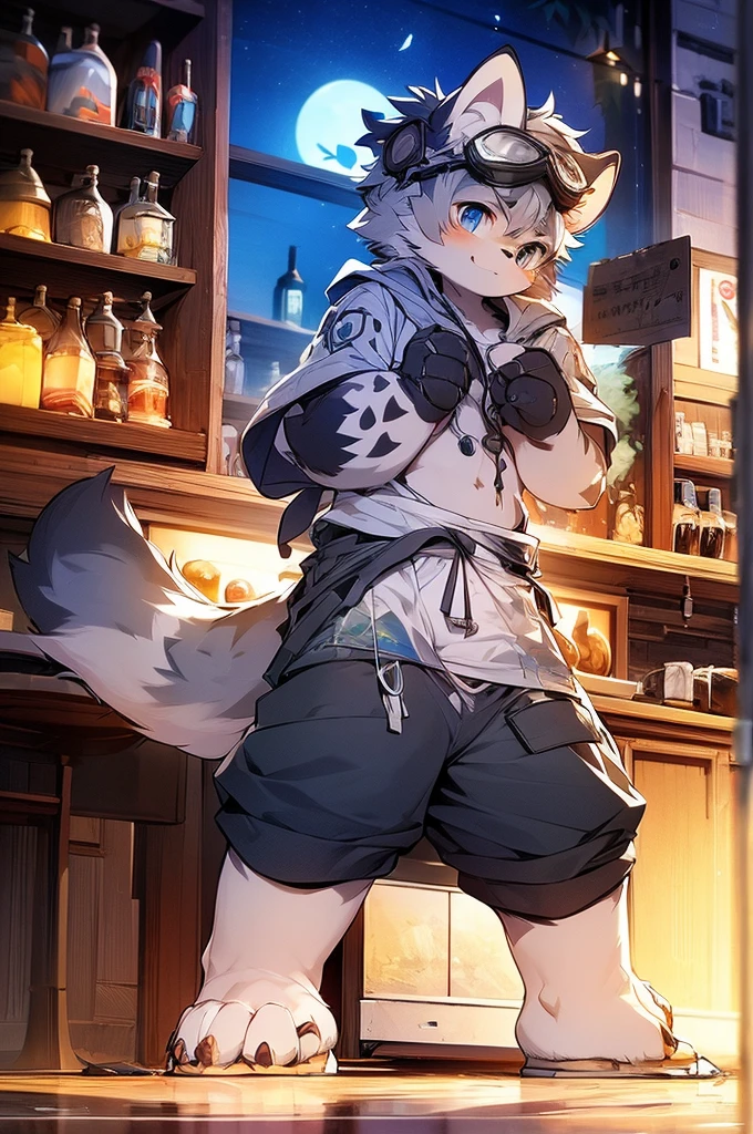 Hyena Boy,Gray fur,Topless, mammal, hairy,Gray Eyes,bar,goggles,moon tattoo,Cover your crotch with your hands,Bartender,Star decoration,Transparent swimming trunks quality