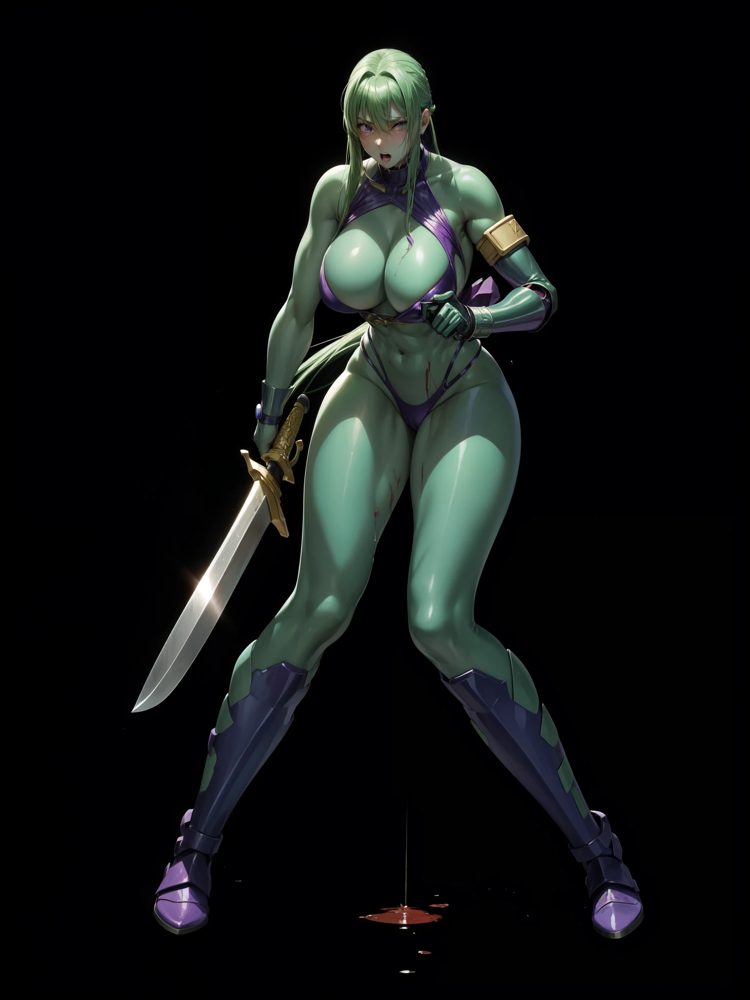 Female Combatant、Green haired Japanese girl、Close-up of a girl in a purple bikini、Purple shiny bikini、Purple Boots、Saiyan Girl, wonderful, Nano Girl, Female body type, Inspired by Hiromu Arakawa, Anime Manga Robot!! Anime Girls, Fubuki, Full Body Suit, by Hiromu Arakawa、wonderful, silk, Beautiful and attractive anime , Anime Girls of the future, tears,Drooling,Pee,Sweat,Tongue out,incontinence,Peeing、Estrus、Eyes wide open,Estrus,Blushing,Nipples are erect,Face is hot、Lust、incontinence、Armpit Hair、pubic hair、Holding a sword、Stabbed with a sword、Blood is flowing from the stabbed abdomen、Anguished expression、Doomsday Demon
