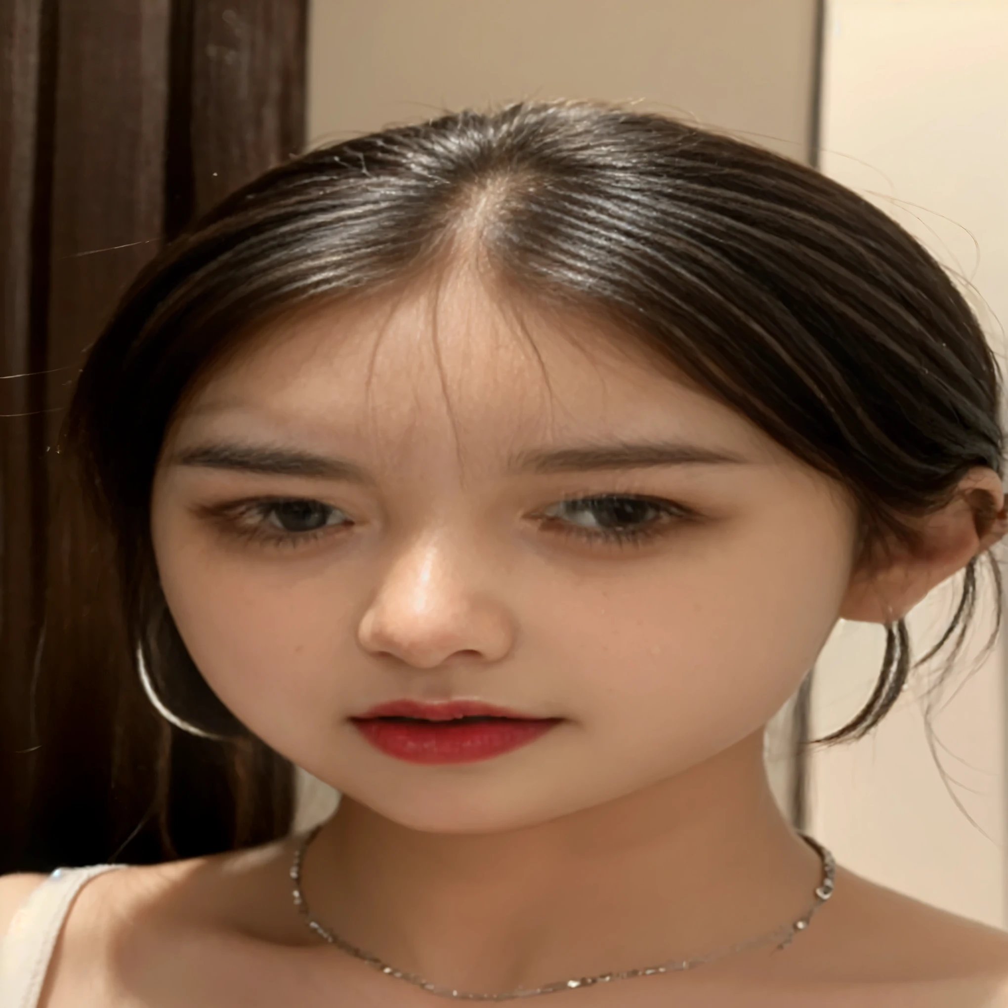 (masterpiece)，Best quality，8K resolution，。.3D，beautiful girl，Wearing suspenders，With necklace，There is a beautiful mole under the left eye corner ，Perfect body shape，((Beautiful and delicate face))，(whole body:1.2)，Black hair（Sloppy），Exquisite makeup，Red Crack，Greasy lips，Long eyelashes，With silver earrings，Big bright eyes，Eyeshadow，Eye bags，light，Cute girl，masterpiece，High Detail，Images are colorful，Light and shadow details，极其娇嫩beautiful girl，Skin is moist and fair，Exquisite facial features，face perfect，Stunning beauty，Very detailed，Realistic details，Facing the audience，, Sharp focus:1.2, 1 Girl