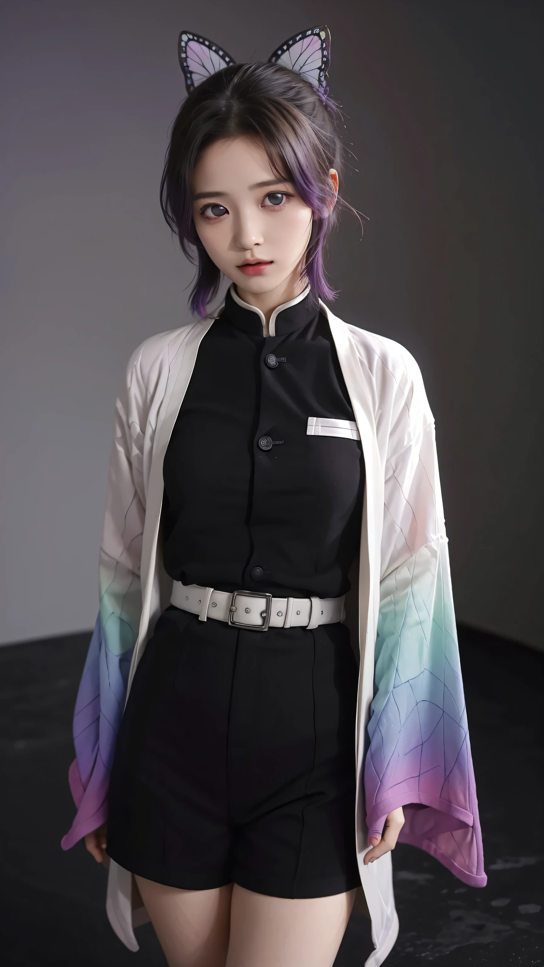 1girl, solo, kochou shinobu, butterfly hair ornament, purple eyes, multicolored hair, short hair, parted bangs, black pants, black jacket, belt, realism, masterpiece, textured skin, super detail, high detail, high quality, best quality, 1080p, 16k, upper body, standing, idle