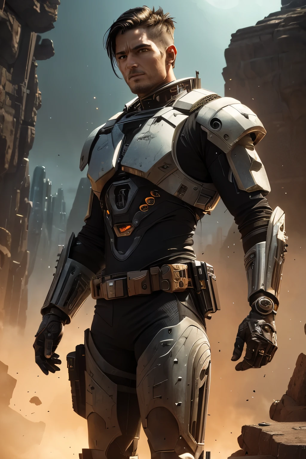 a gunslingers outlaw in an alien landscape, detailed futuristic cyborg warrior with advanced weaponry, hyper-detailed sci-fi character, striking dramatic lighting, muted color palette, cinematic composition, highly detailed machinery, intricate technological elements, epic dramatic scale, photorealistic style, 8k, best quality, masterpiece