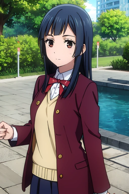 Tree girls, all in brown checkered uniforms, Maria xiquinha with red hair, one brown eyes and hair and the other with black hair