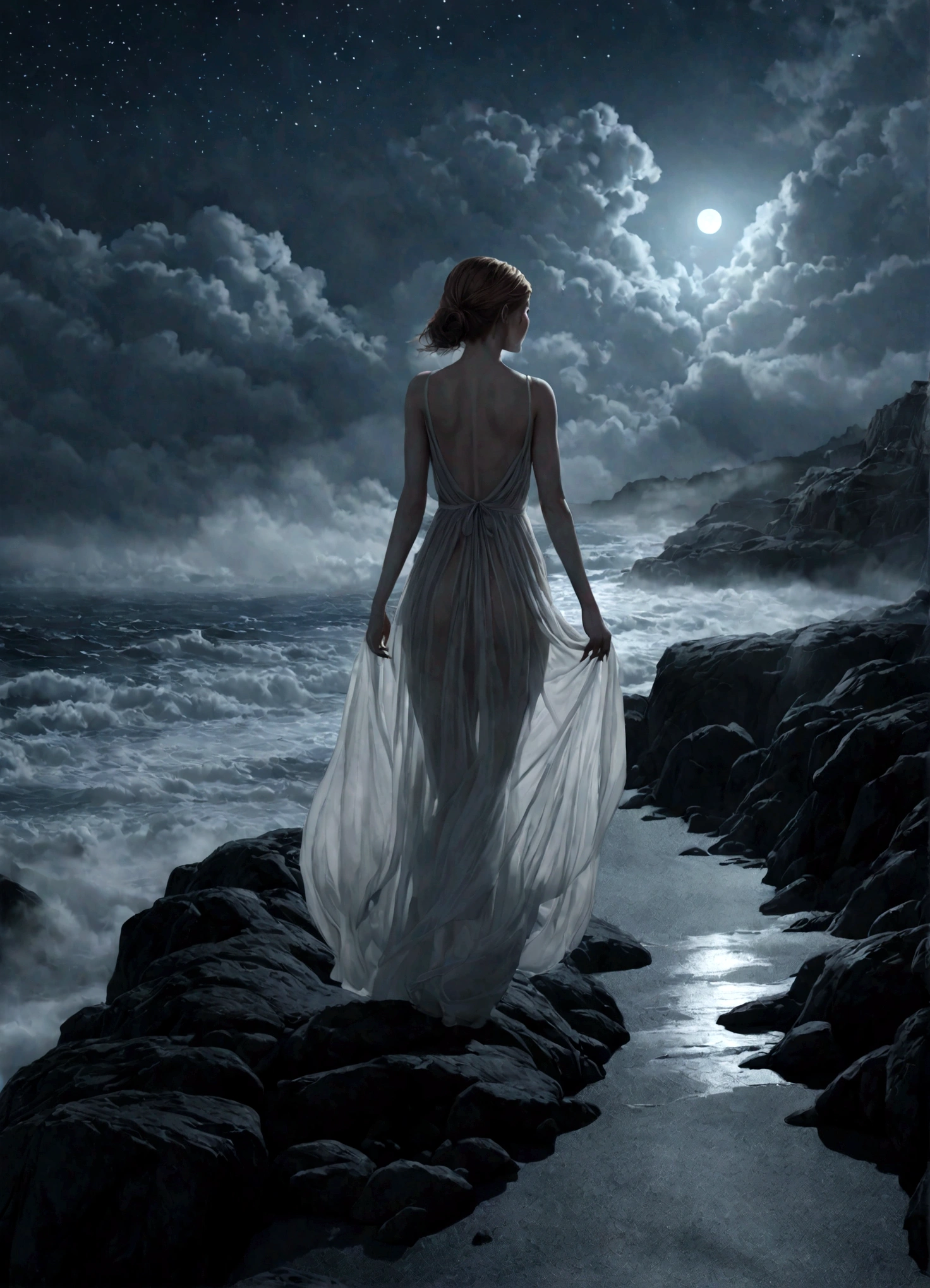 A beautiful 20-year-old Kate Mara, ethereal, ghostly, dressed in sheer near-nude billowing fabrics, a haunting beauty walking just above the ground on a moonlit night, coastal scene, dramatic lighting, volumetric fog, intricate details, cinematic, highly detailed, photorealistic, 8k
