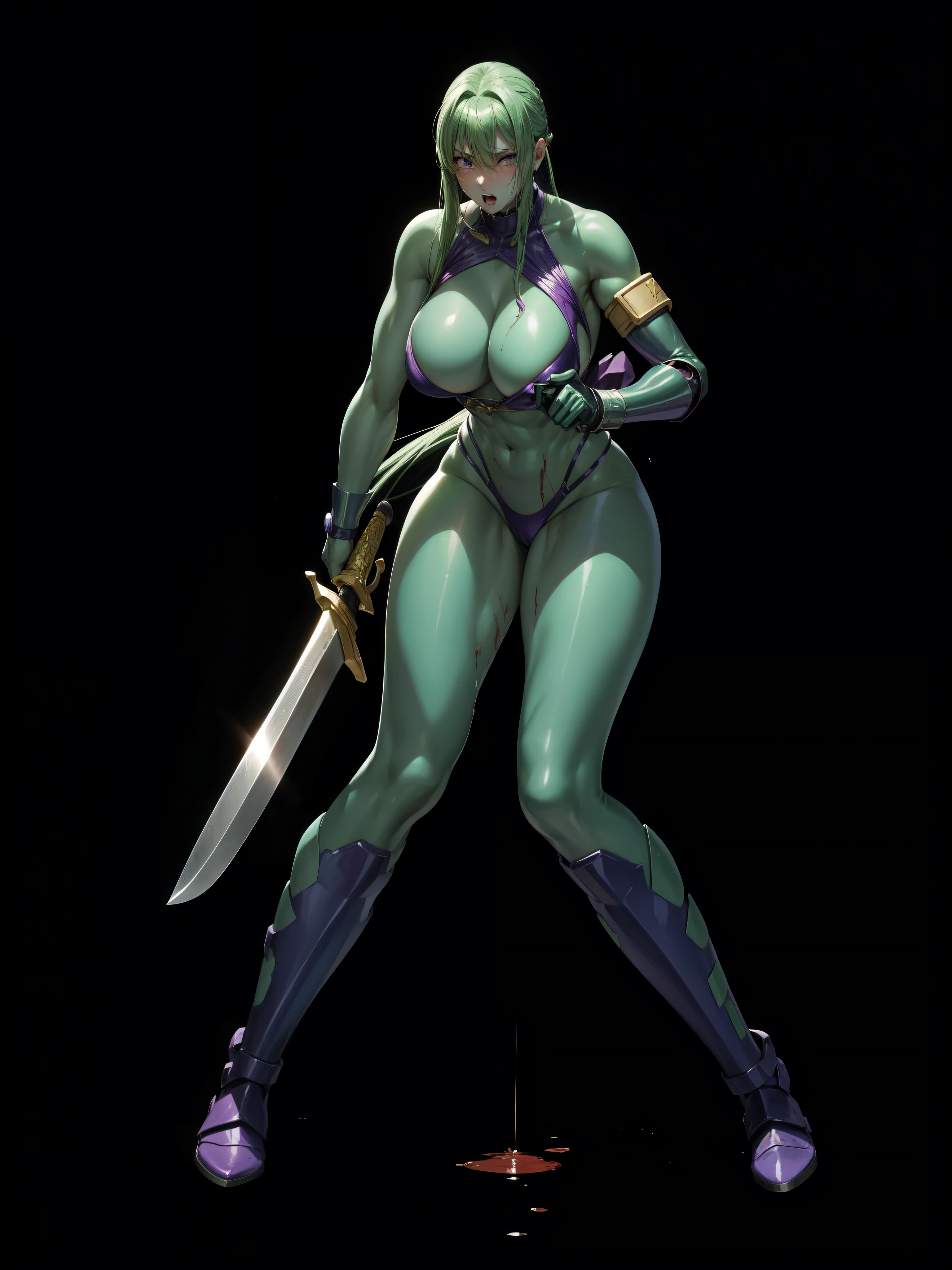Female Combatant、Green haired Japanese girl、Close-up of a girl in a purple bikini、Purple shiny bikini、Purple Boots、Saiyan Girl, wonderful, Nano Girl, Female body type, Inspired by Hiromu Arakawa, Anime Manga Robot!! Anime Girls, Fubuki, Full Body Suit, by Hiromu Arakawa、wonderful, silk, Beautiful and attractive anime , Anime Girls of the future, tears,Drooling,Pee,Sweat,Tongue out,incontinence,Peeing、Estrus、Eyes wide open,Estrus,Blushing,Nipples are erect,Face is hot、Lust、incontinence、Armpit Hair、pubic hair、Holding a sword、Stabbed with a sword、Blood is flowing from the stabbed abdomen、Anguished expression、Doomsday Demon