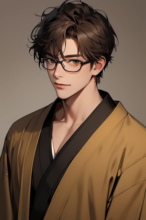 48-year-old boy, 1 person, Warm Skin, reddish brown eyes, Mature Face, whole bodyの肖像画, Short brown hair, Face focus, Adult, kimono, ((Bare chest:0.7)), Plain Kimono, A haggard smile, Fatigue, highest quality, Facial details., whole body, Lean body type, Glasses, Shaggy Hair, Perm, (whole body)