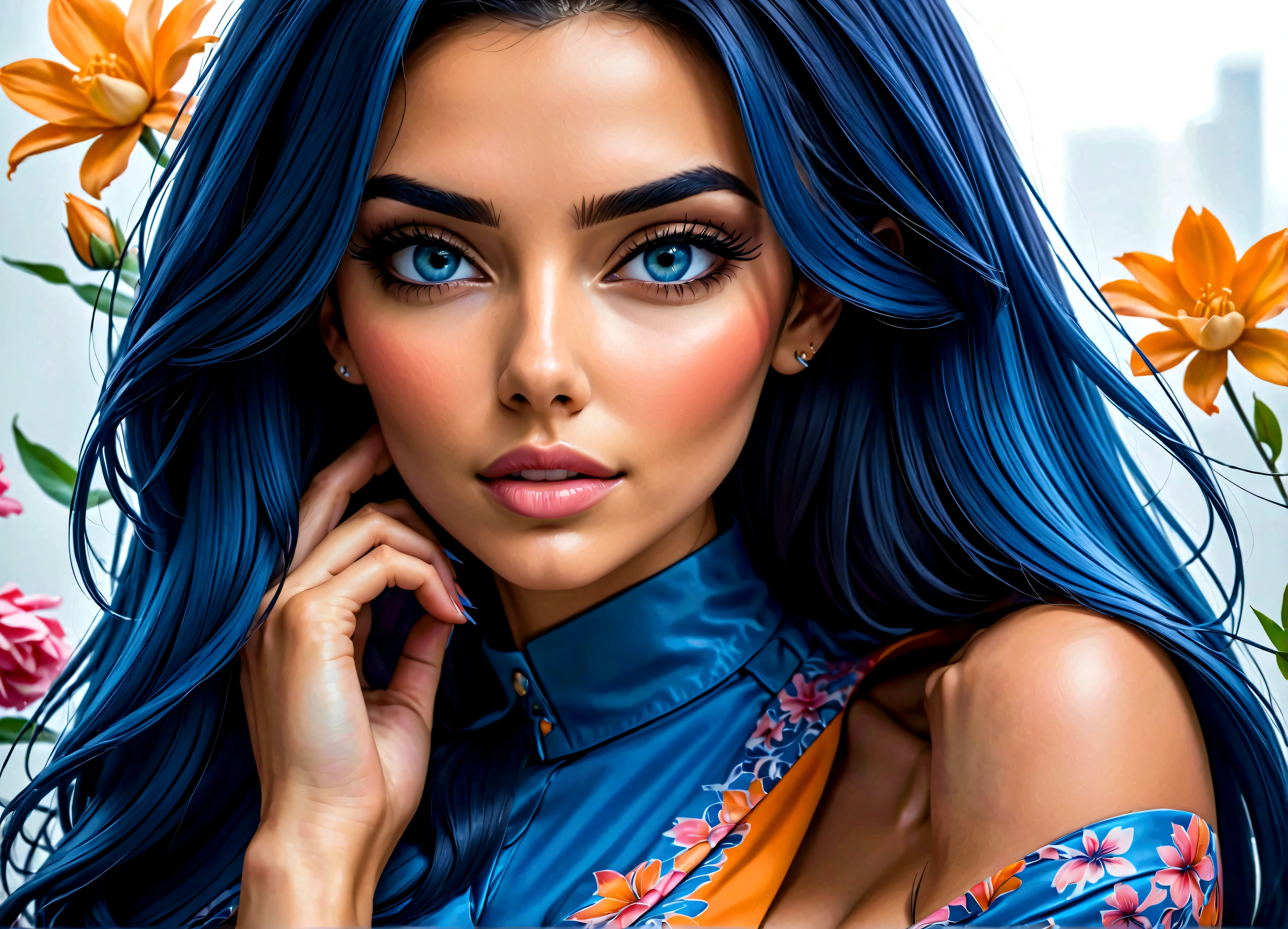 Uma linda mulher, highlighted in vibrant colors like a colored pencil drawing, tirando o cabelo do rosto. The woman is very well dressed in a mix of blue tones, rosa e laranja, com detalhes intrincados destacando suas vestes. All around her are splashes of color similar to watercolors., com flores e gotas de tintas..
