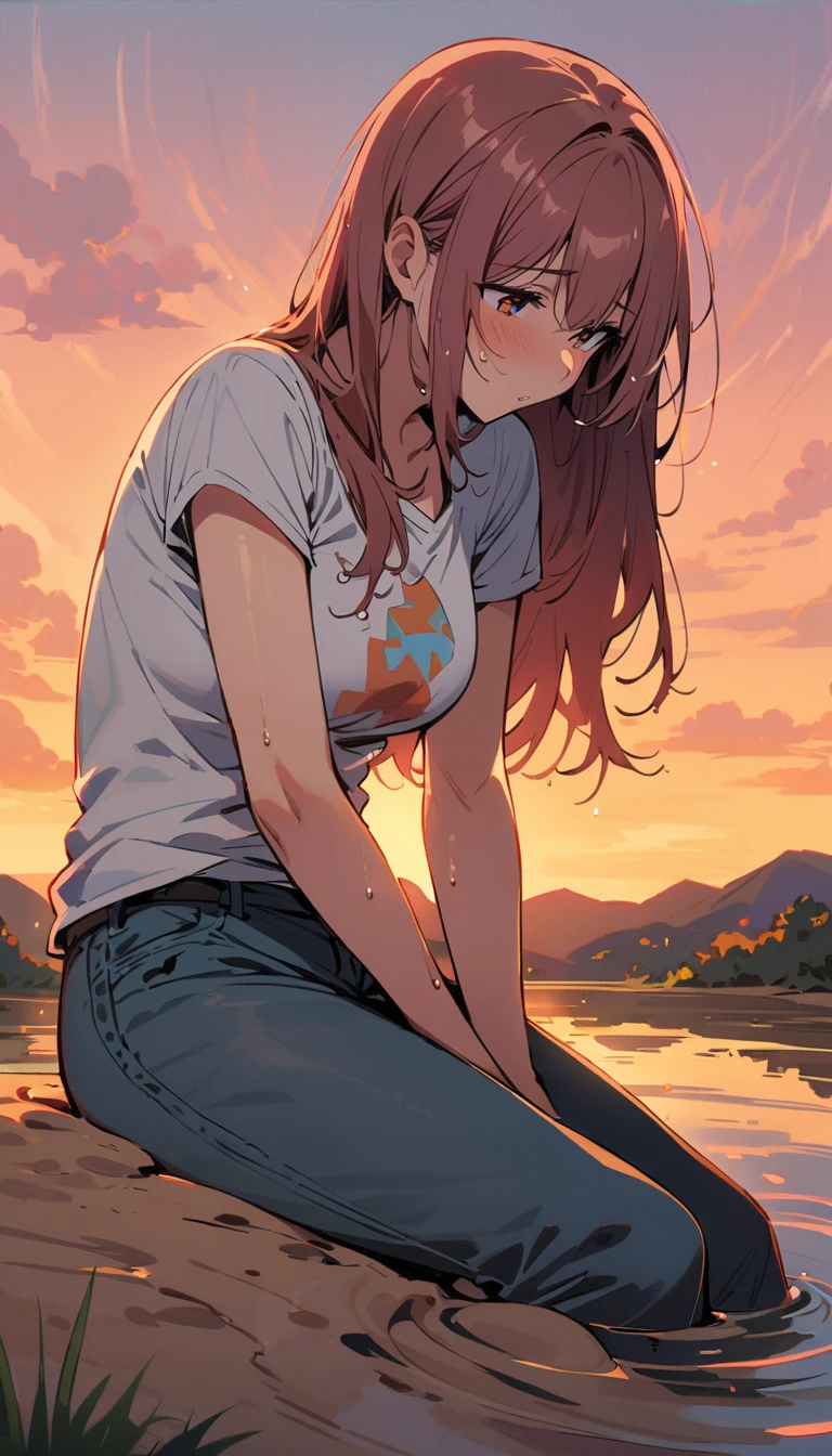 masterpiece, mature woman, blushed, flared jeans, soaking wet, drowning in quicksand bog, t-shirt, looks around, dusk