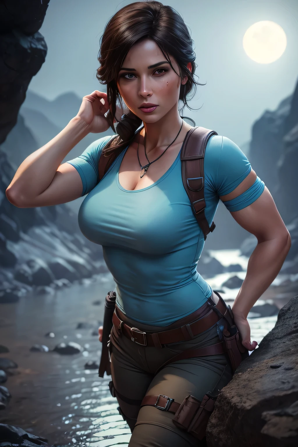 Picture of Lara Croft in a light blue shirt and short dark brown pants standing on top of a mountain in an underground cave. The scene is lit by the moon reflecting into the water. DLSR, sharp focus, soft lighting, masterpiece, perfect face, ultra detailed face, perfect brown eyes, beautiful face, photorealistic, 8k, masterpiece