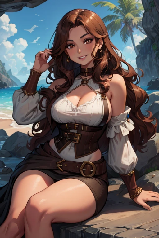 A brown haired woman with copper eyes and an hourglass figure in a pirate's outfit is sitting on a rock in a sea cave with a big smile