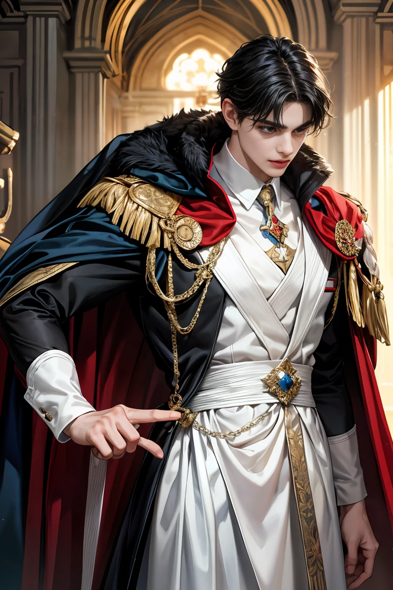 
masterpiece, 最high quality, high quality, 1 boy, alone, Male focus, Watching the audience,  Messy black hair, Adorable big blue eyes, White, Noble, Noble,Sexy voluminous cape、A very voluminous, large, very large, very large, long, long red and black cape with a high stand-up collar, reaching down to the floor, made of a lot of fabric., ,Cute beautiful boys,Cute, cute, kind, handsome guy