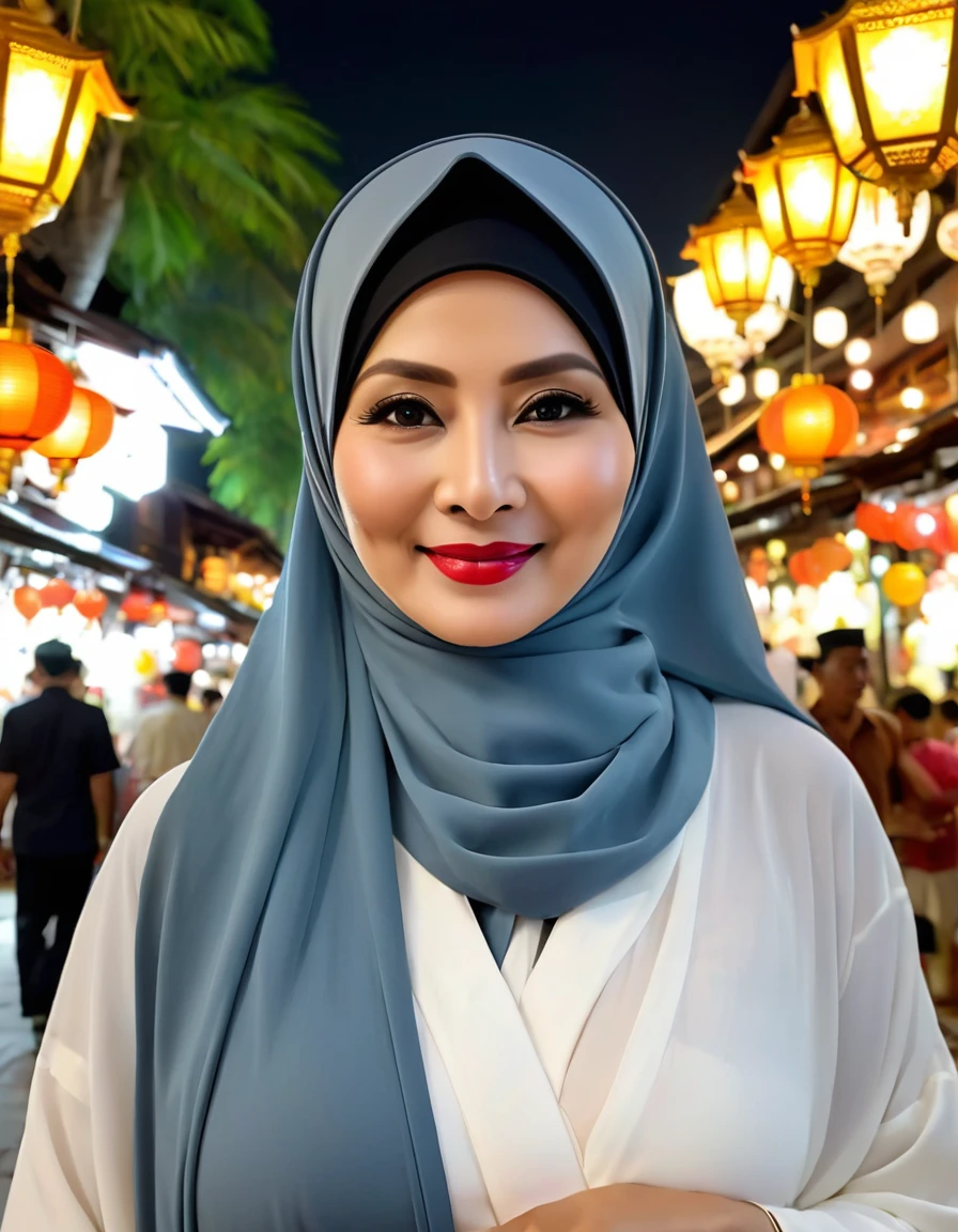 58 Years old, Indonesian mature woman, wearing Wide Hijab, perfect , natural Gigantic breast : 9, gorgeous eyes, Soft smile, wear a Tight Yukata, No Wearing Bra, necklace, Breast about to burst Out, Nightime walk, Excellent light, Light Colour.